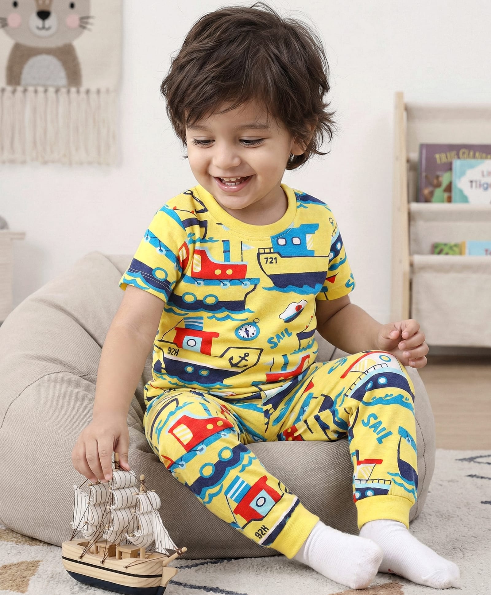 Babyhug Cotton Knit Half Sleeves Co-Ords Nightsuit With Nautical Theme Print - Yellow-image-15