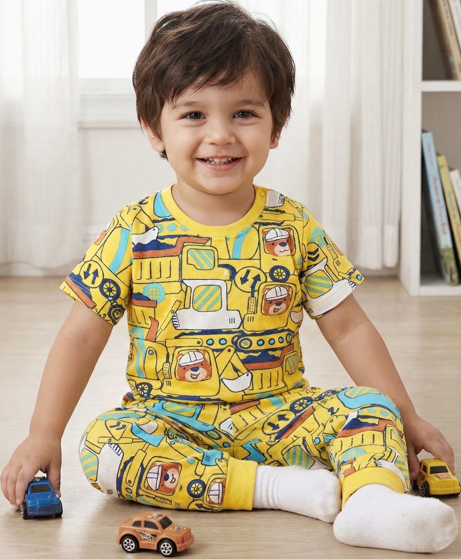 Babyhug Cotton Knit Half Sleeves Co-Ords Nightsuit With Vehicles Print - Yellow-image-8
