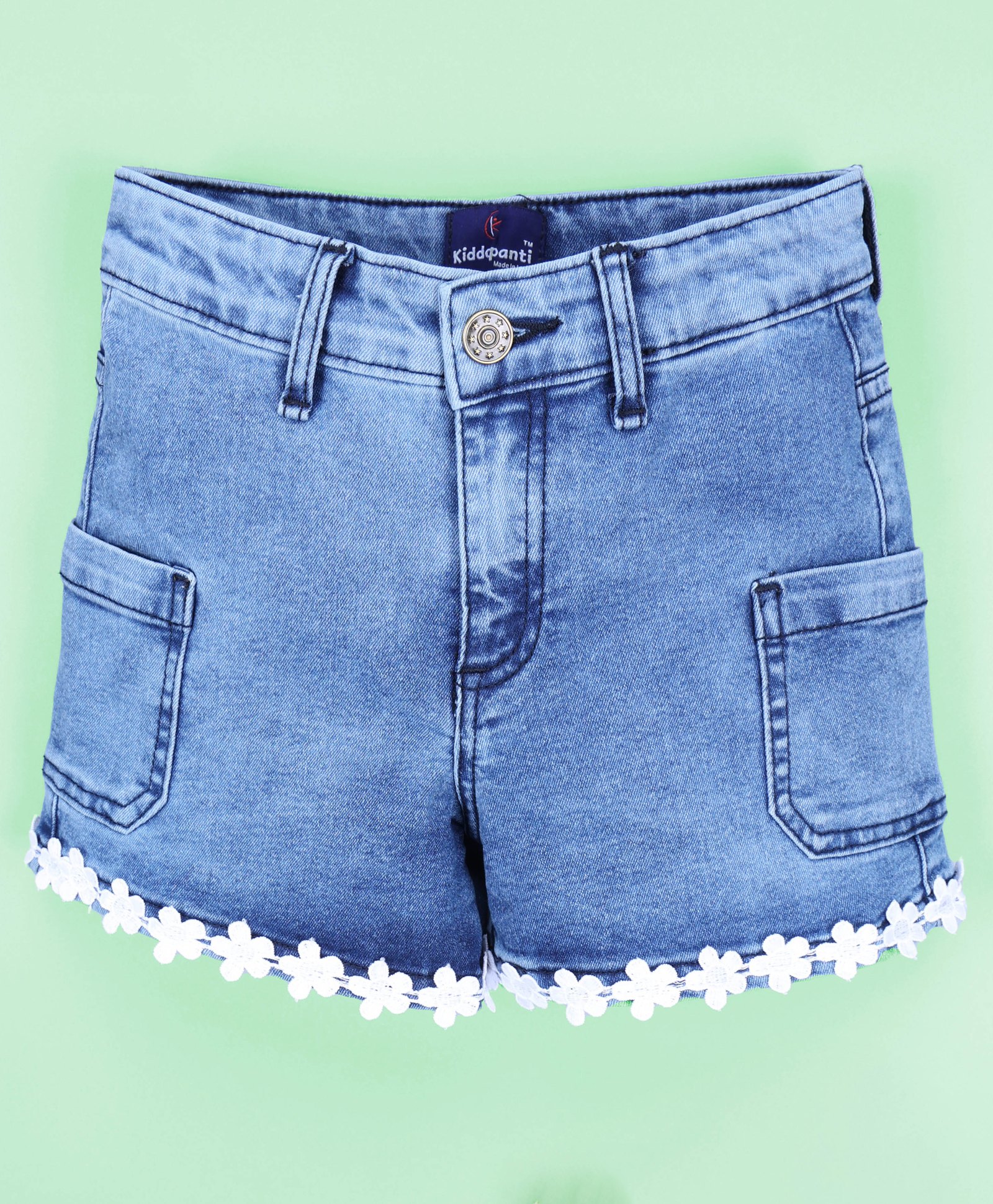 Kiddopanti Denim Floral Lace Detailed Shorts - Medium Blue-picture-18