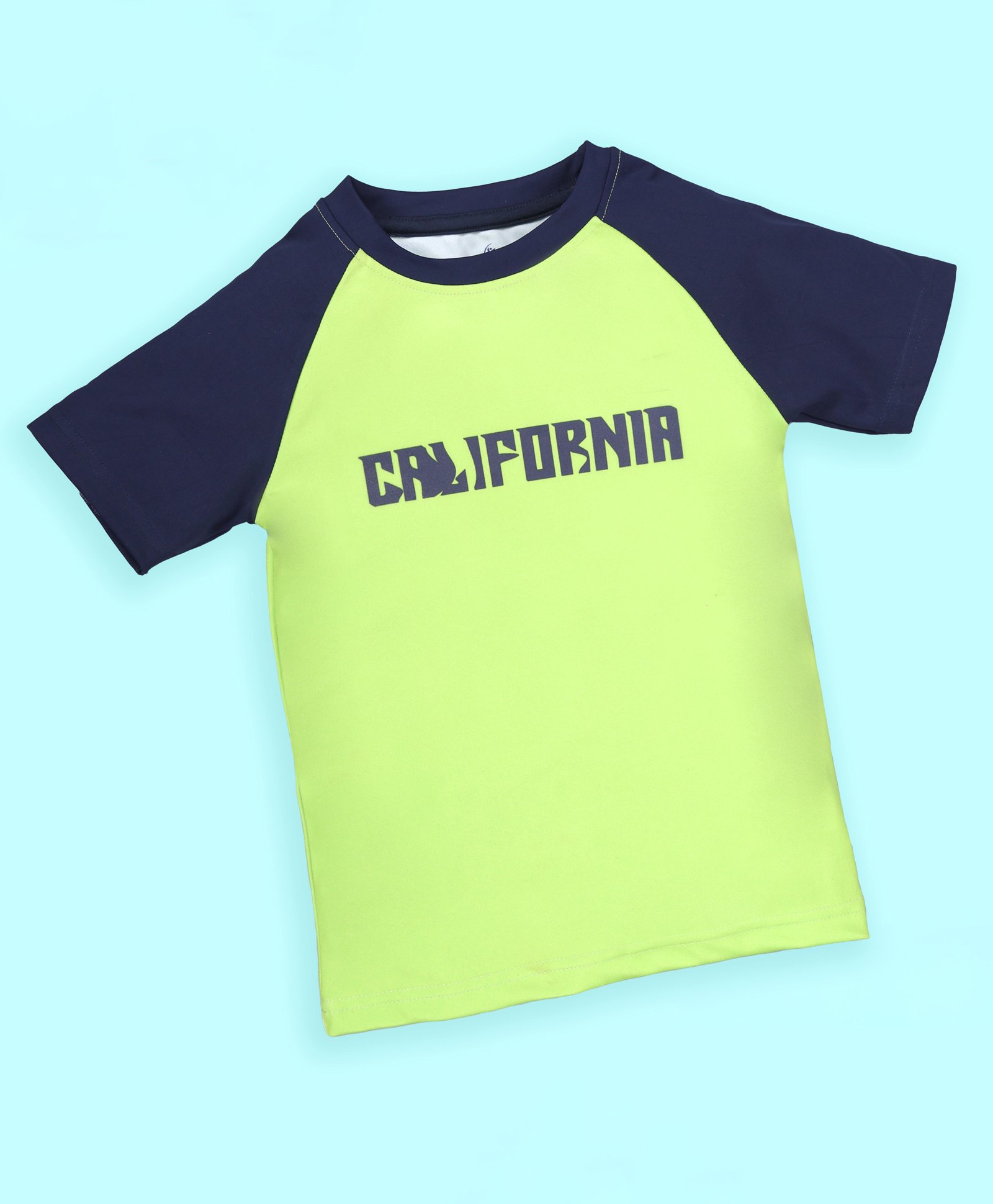 Kiddopanti Half Raglan Sleeves California Text Printed Swimming Tee - Neon Green & Navy Blue-image-14
