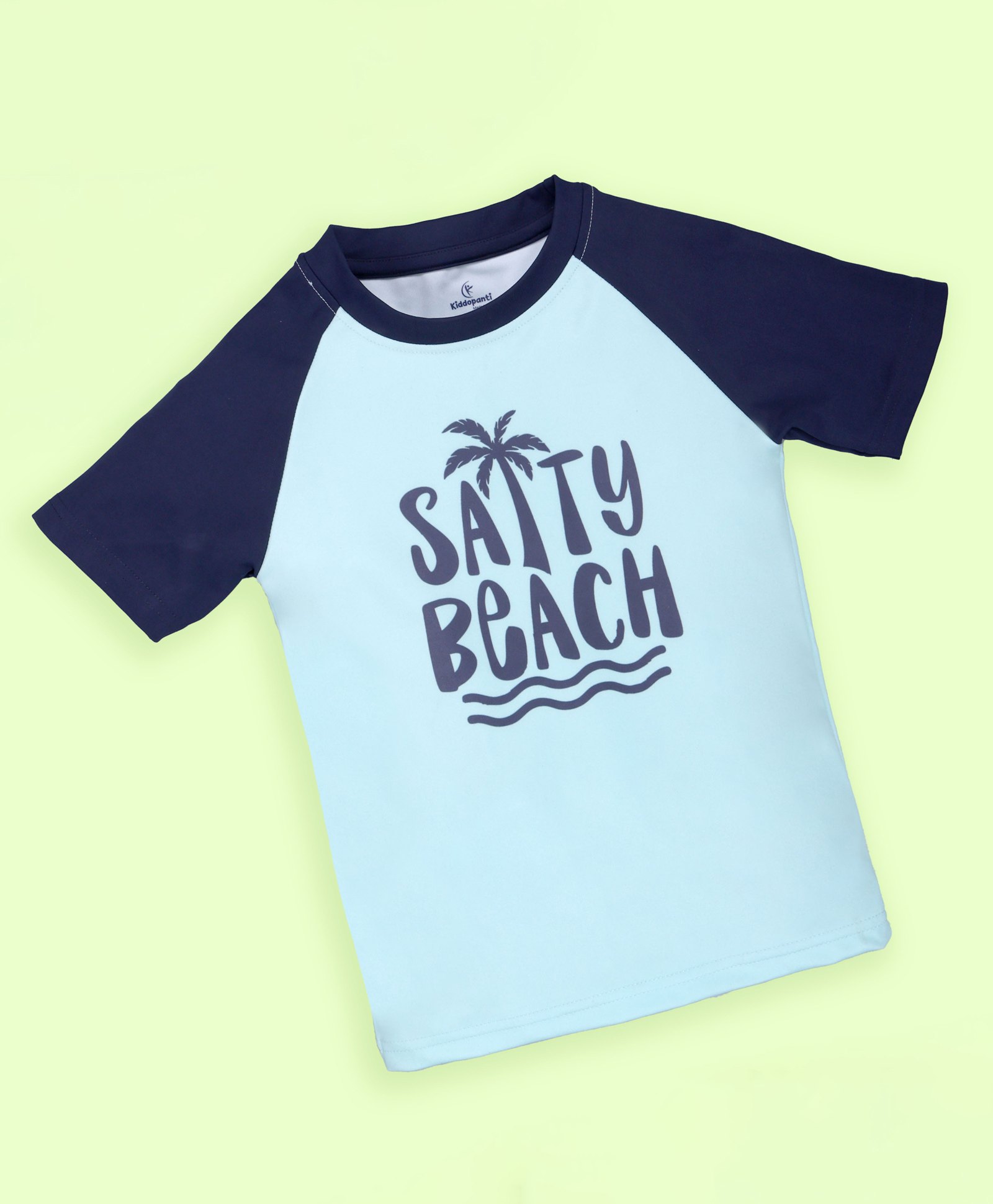 Kiddopanti Half Raglan Sleeves Salty Beach Text Printed Swimming Tee - Aqua Green & Navy Blue-image-29