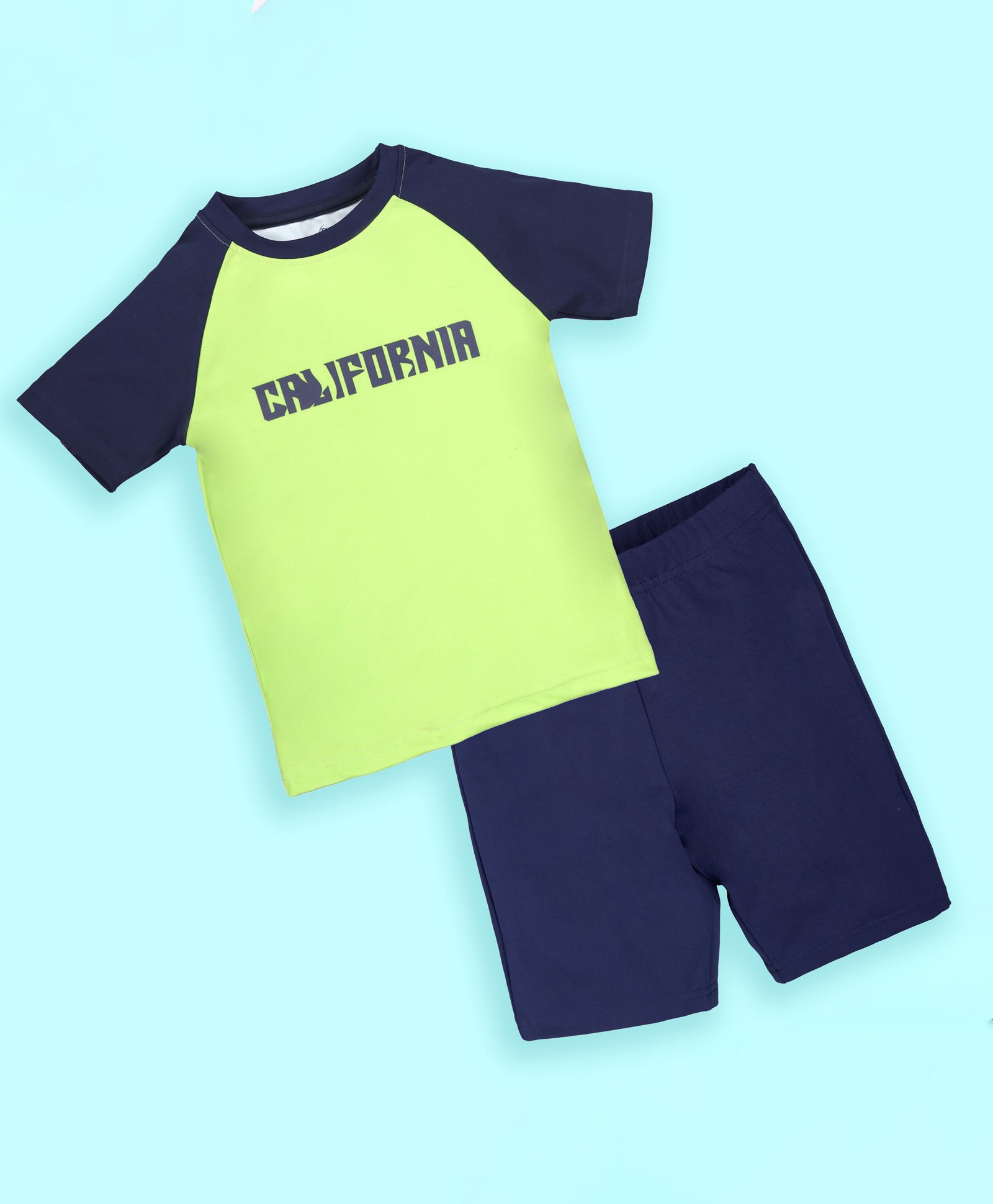 Kiddopanti Half Raglan Sleeves California Text Printed Tee & Shorts Set - Neon Green & Navy Blue-image-15