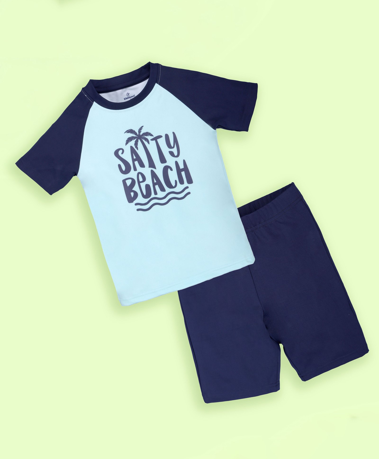 Kiddopanti Half Raglan Sleeves Salty Beach Text Printed Tee & Shorts Set - Aqua Green & Navy Blue-image-28