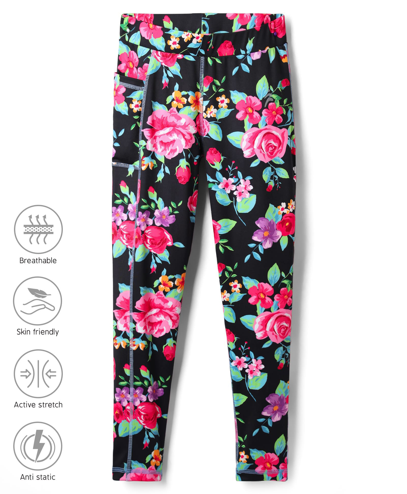 Pine Active Knit Full Length Super Stretch Leggings with Floral Print - Black