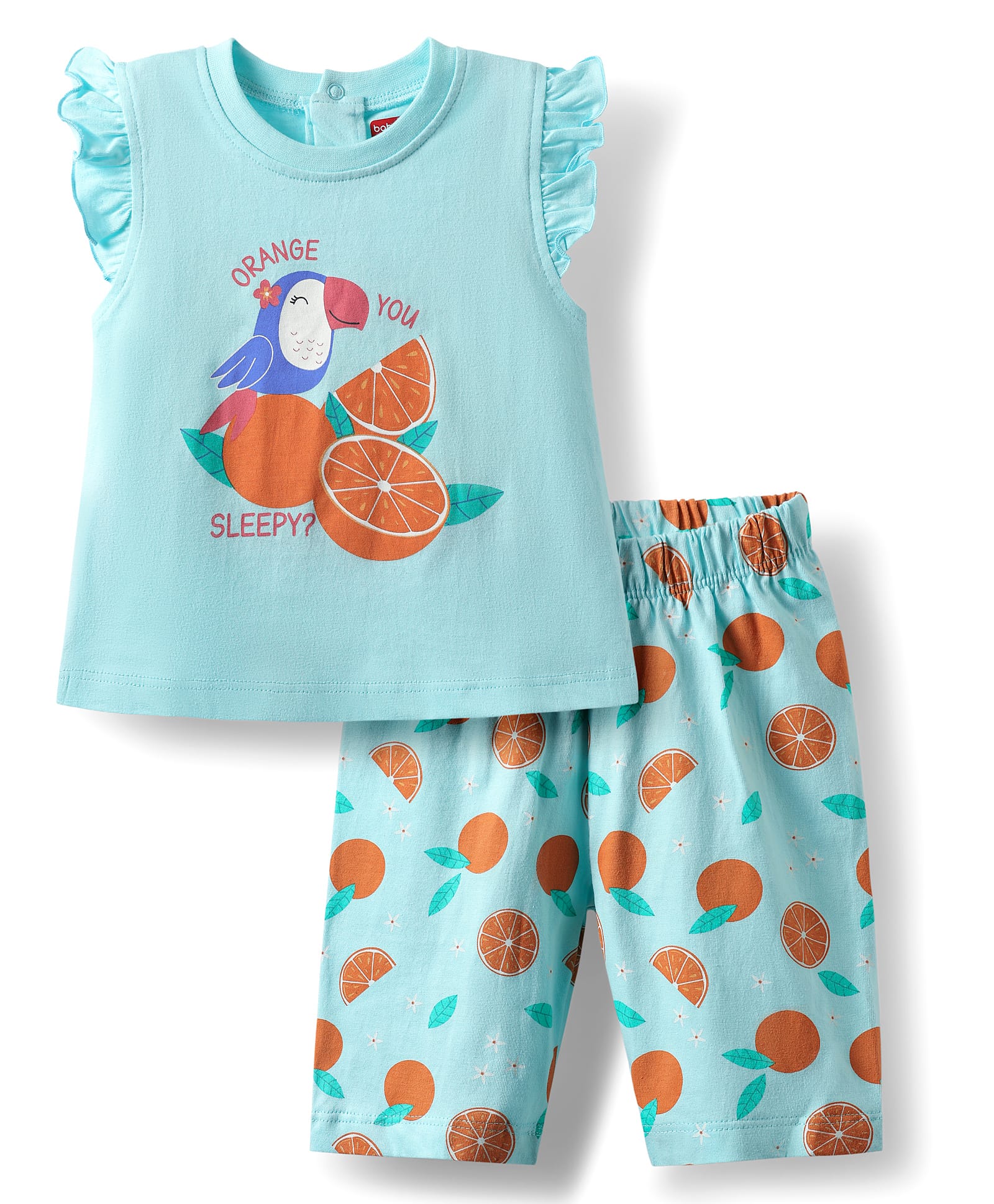 Babyhug Cotton Knit Frill Sleeves Capri Night Suit With Parrot & Orange Print - Light Blue