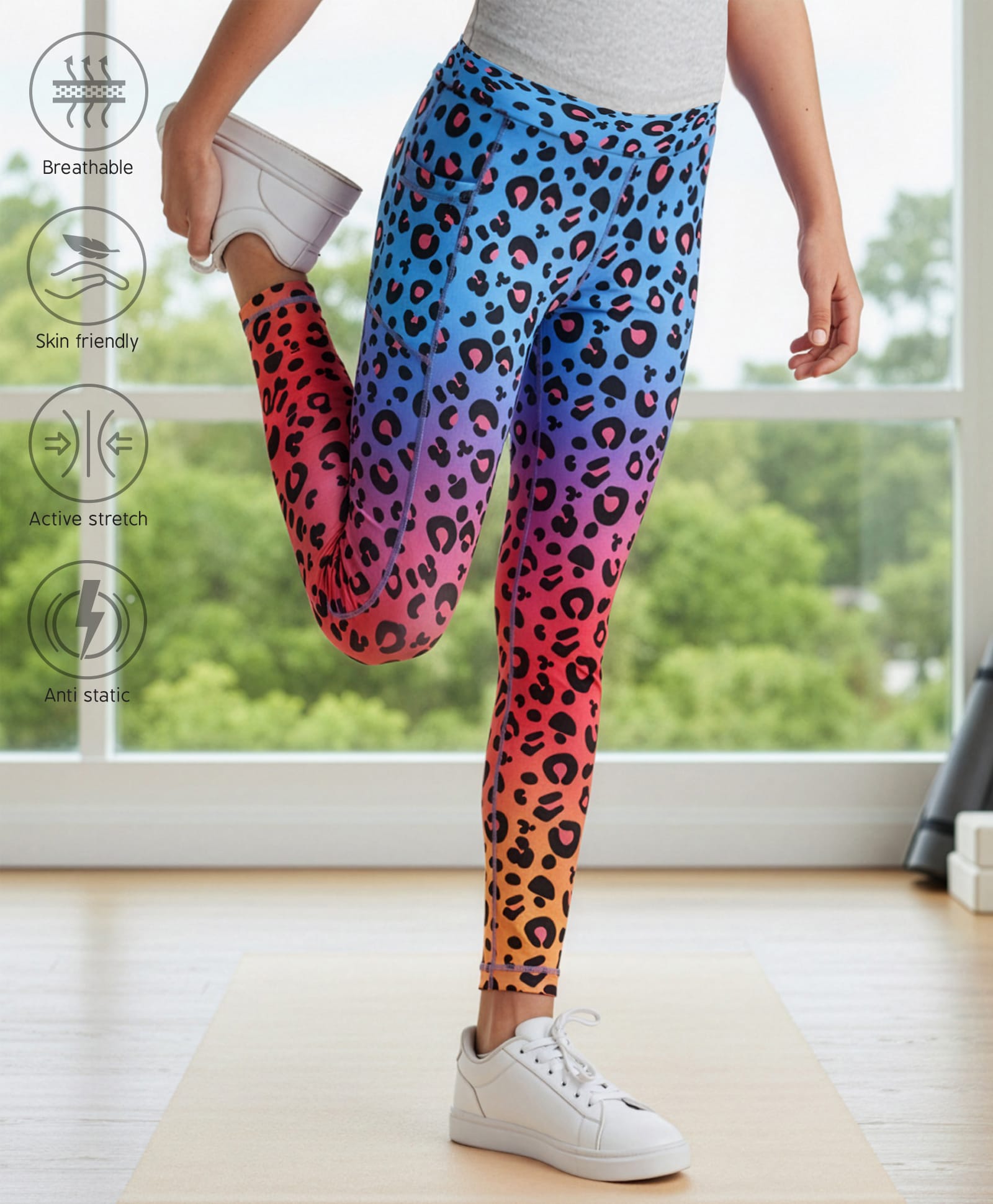 Pine Active Knit Full Length Super Stretch Leggings with Cheetah Print - Multicolor-picture-35