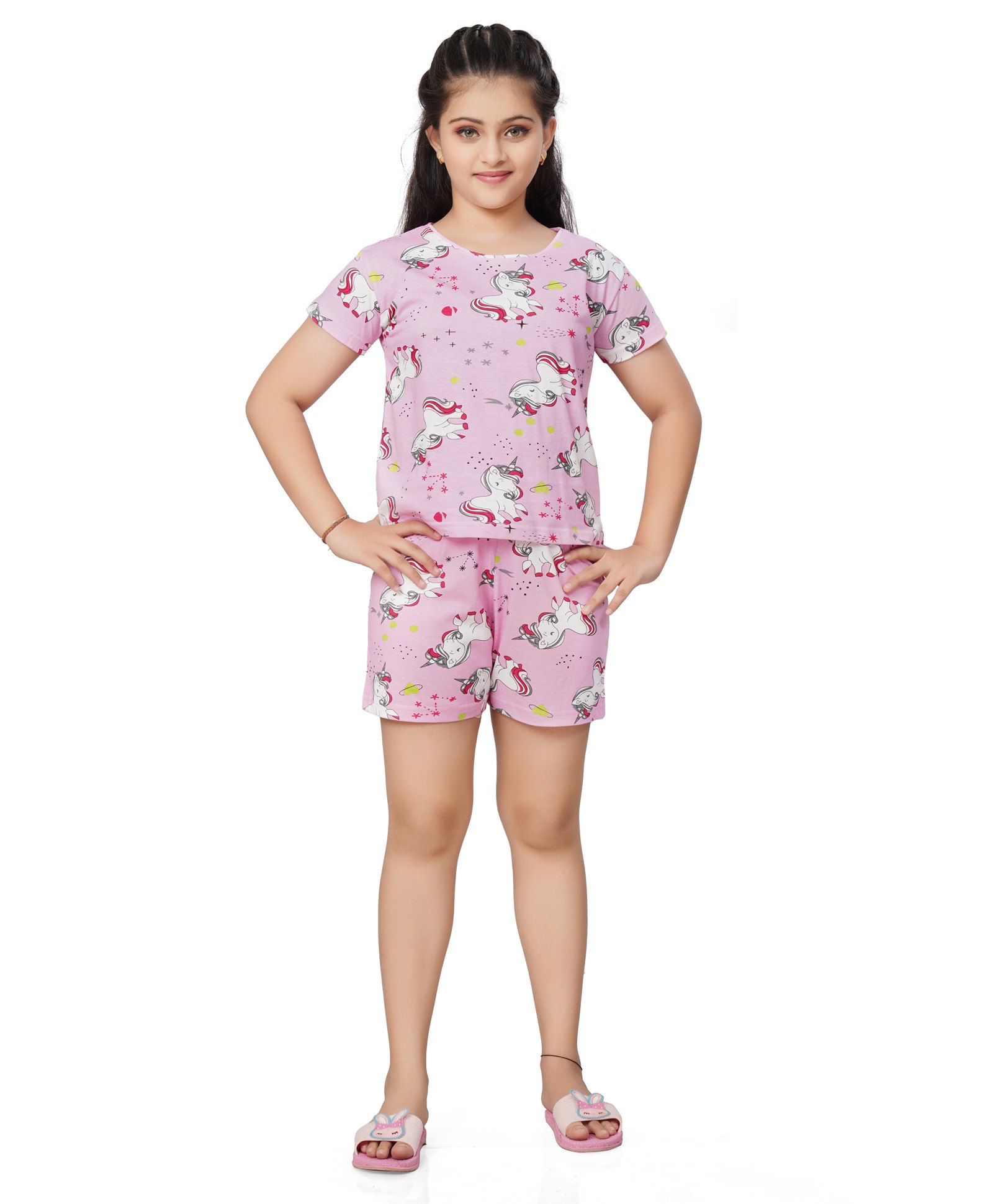 Ninos Dreams Cotton Knit Half Sleeves Unicorns Printed Coordinating Tee & Shorts Set - Light Pink-image-24