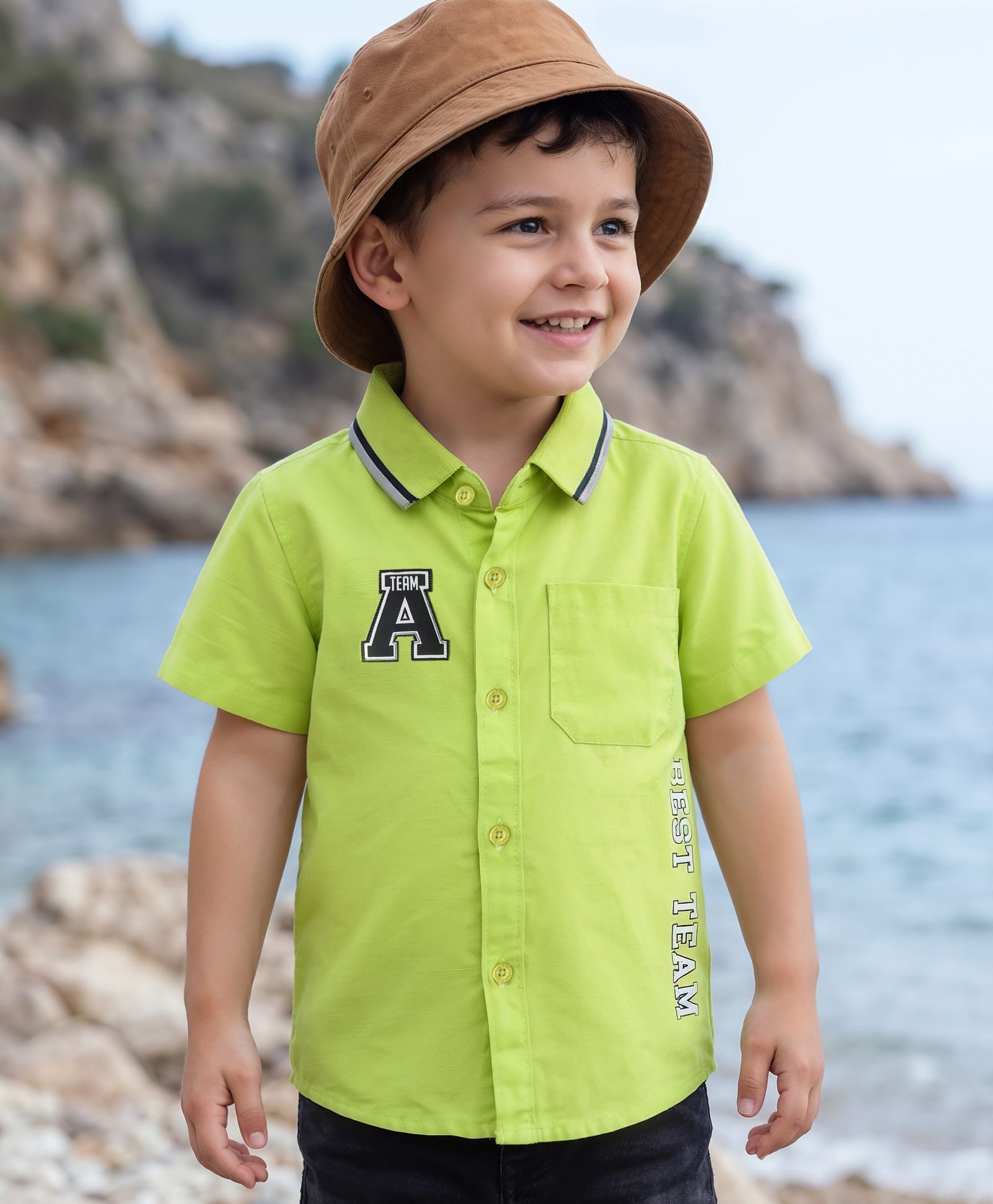 Babyhug Cotton Woven Half Sleeves Rib Collar Shirt With Alphabet Patch - Green-image-24