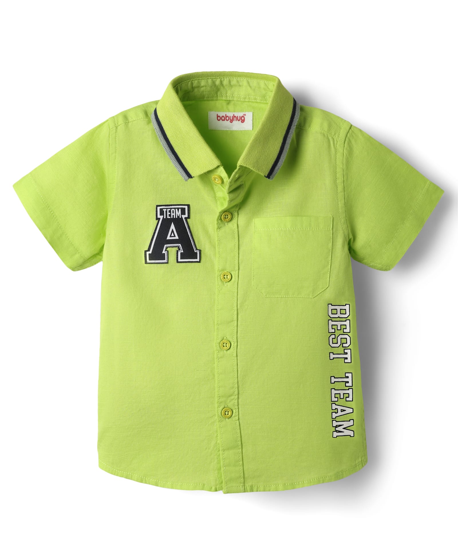 Babyhug Cotton Woven Half Sleeves Rib Collar Shirt With Alphabet Patch - Green