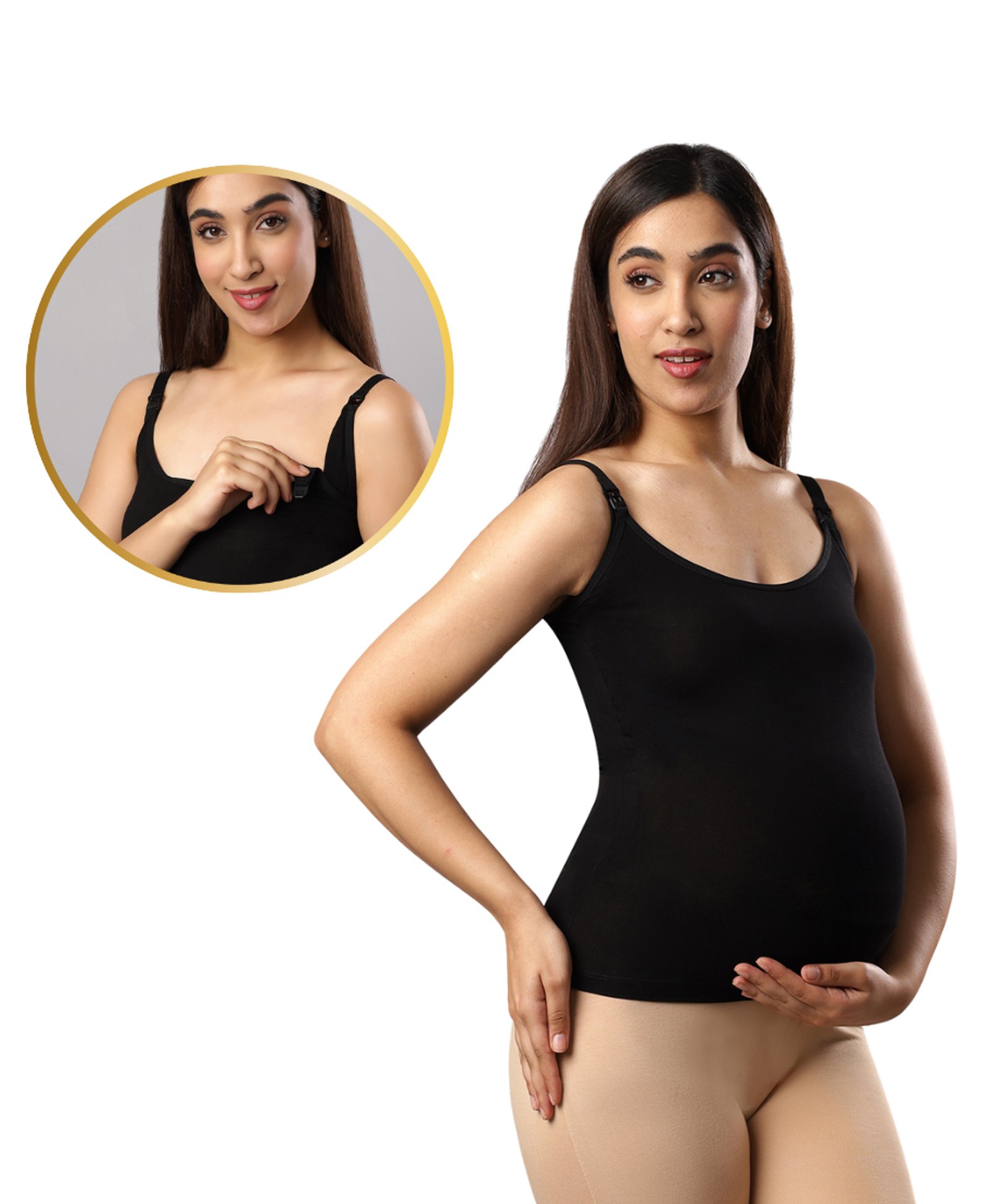 TUMMY Bamboo Cotton Sleeveless Solid Maternity Camisole With Nursing Access - Black-picture-13