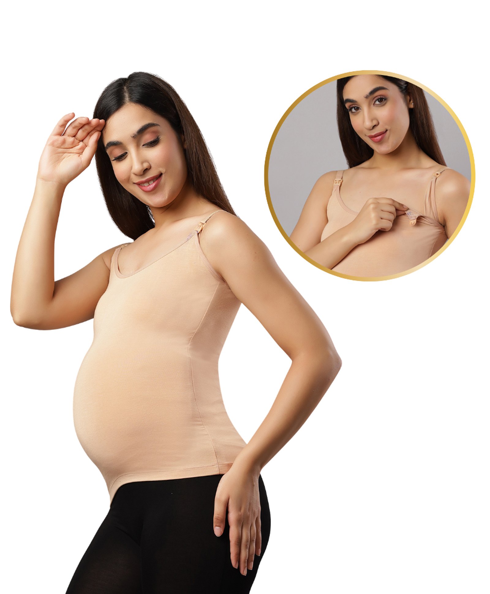 TUMMY Bamboo Cotton Sleeveless Solid Maternity Camisole With Nursing Access - Beige-picture-26