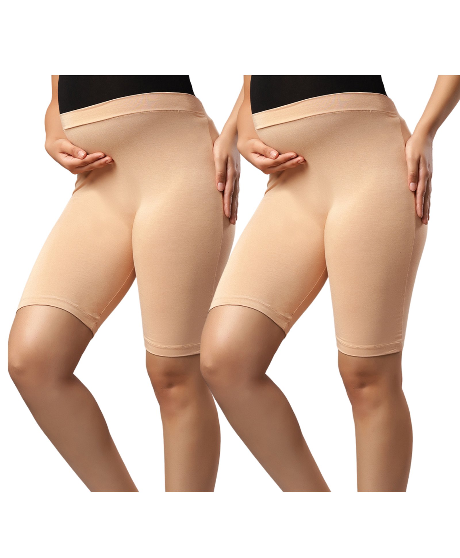 TUMMY Bamboo Cotton Pack Of 2 Solid Maternity Over Belly High Waist Shorts - Beige-picture-30