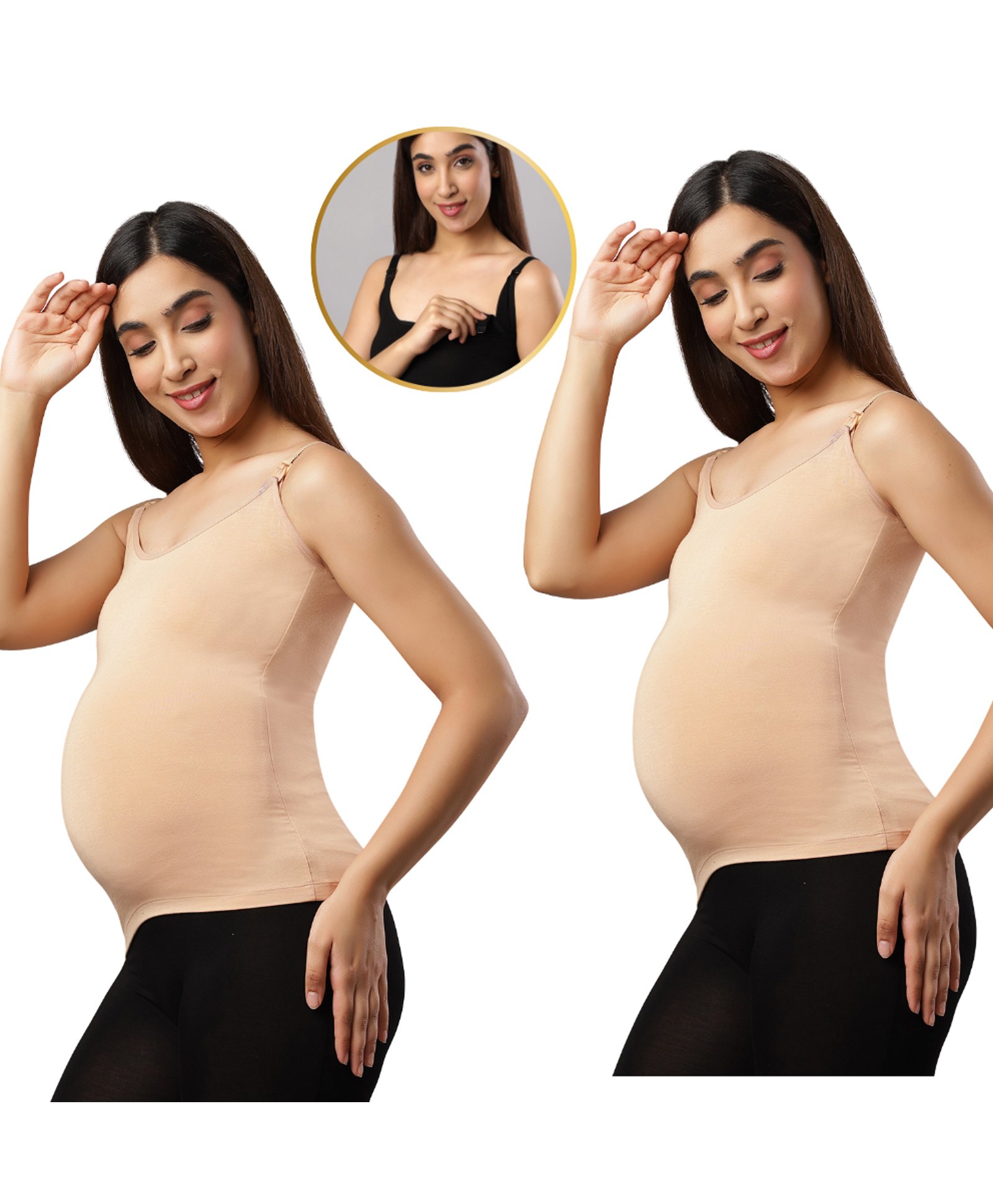 TUMMY Bamboo Cotton Pack Of 2 Sleeveless Solid Maternity Camisoles With Nursing Access - Beige-picture-39