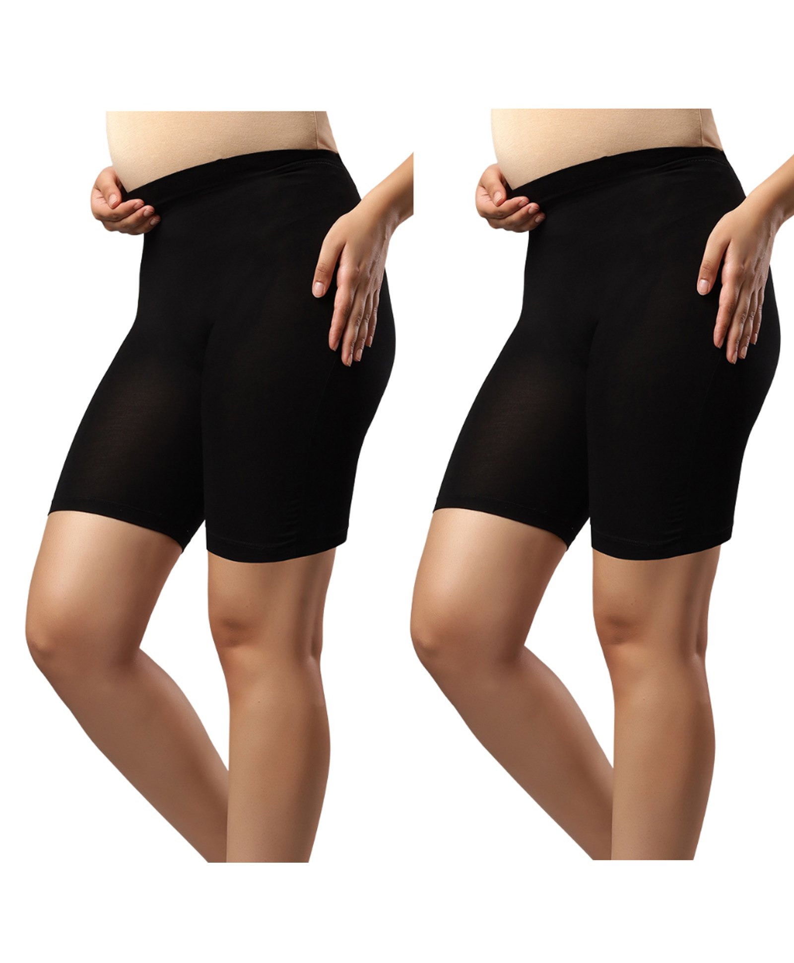 TUMMY Bamboo Cotton Pack Of 2 Solid Maternity Over Belly High Waist Shorts - Black-picture-13