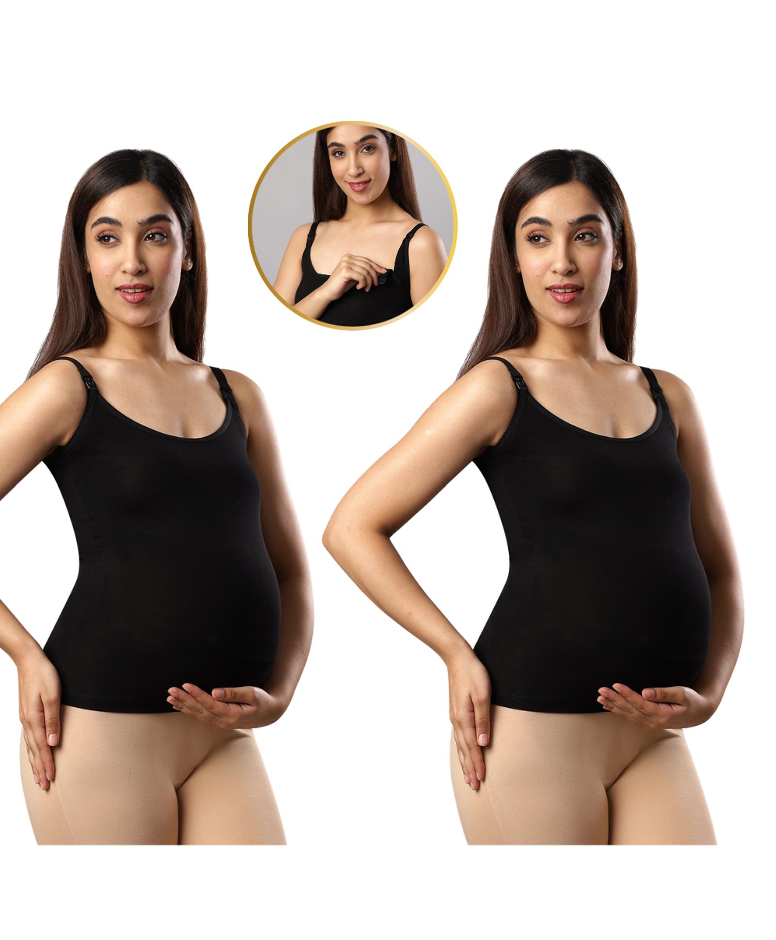 TUMMY Bamboo Cotton Pack Of 2 Sleeveless Solid Maternity Camisoles With Nursing Access - Black-picture-38