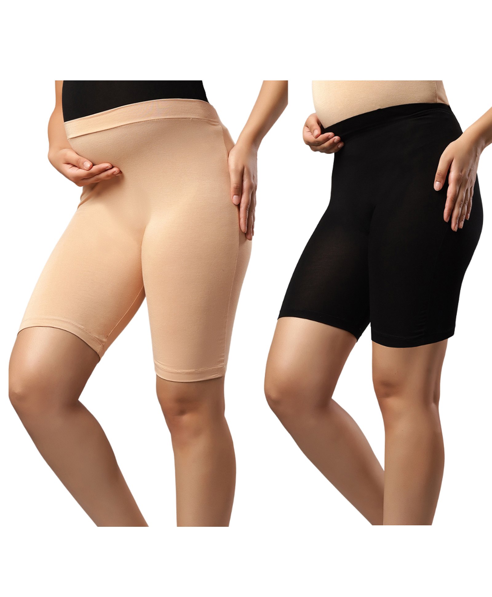 TUMMY Bamboo Cotton Pack Of 2 Solid Maternity Over Belly High Waist Shorts - Multi Colour-picture-31