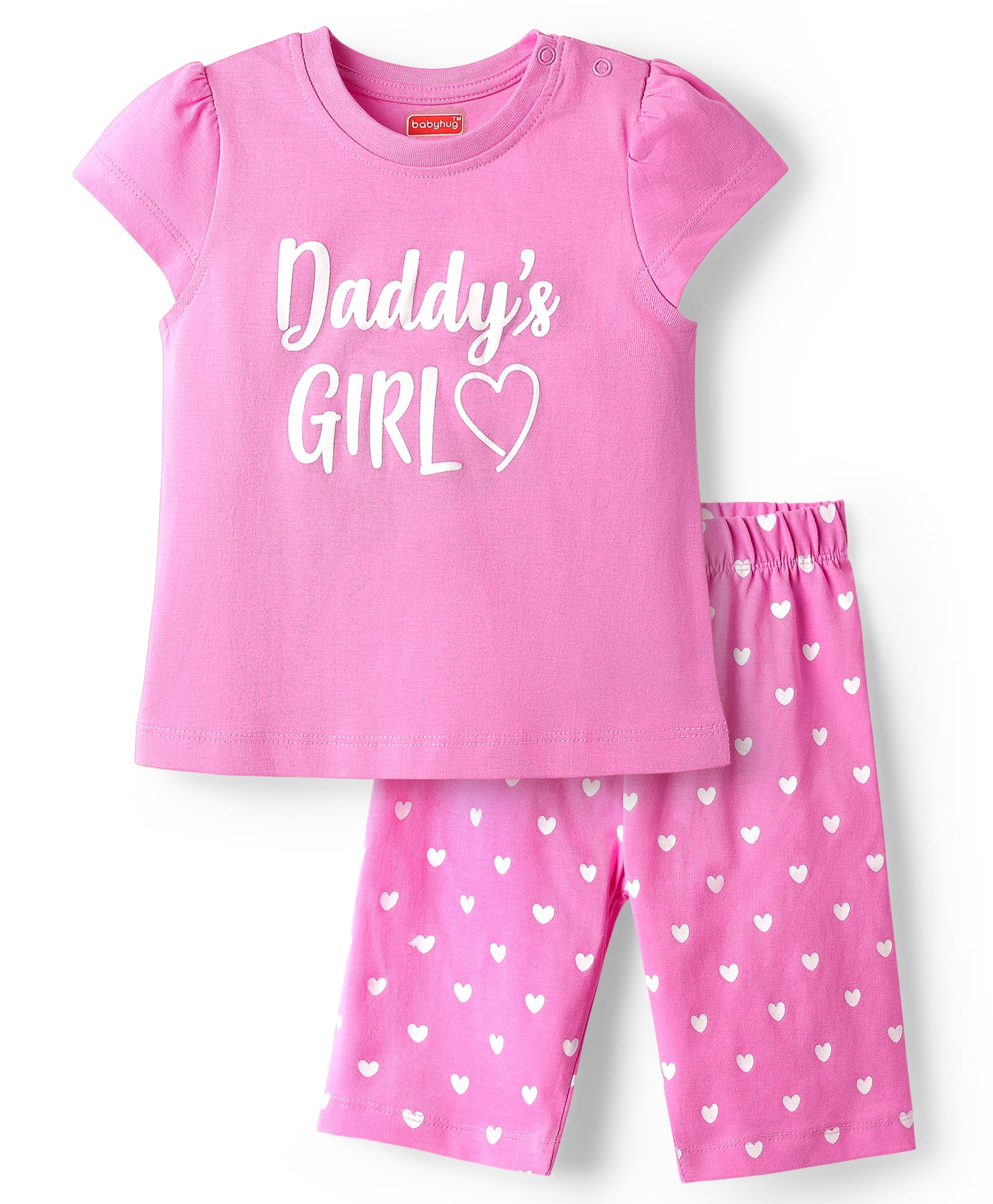 Babyhug Cotton Knit Cap Sleeves Capri Night Suit With Heart Print - Pink