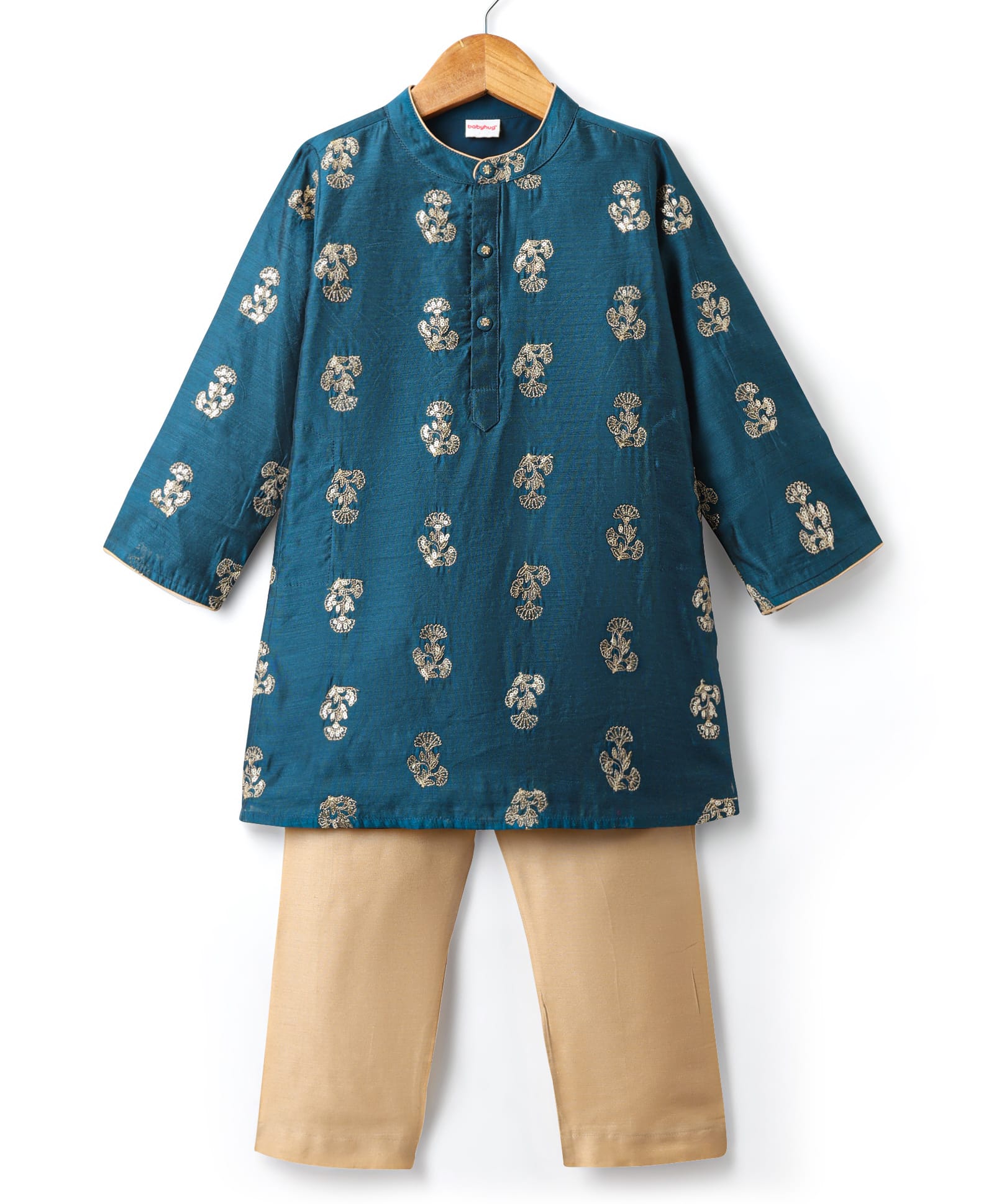 Pine Kids Cotton Woven Mandarin Collar Full Sleeves Kurta Pyjama Set - Teal Blue-image-22