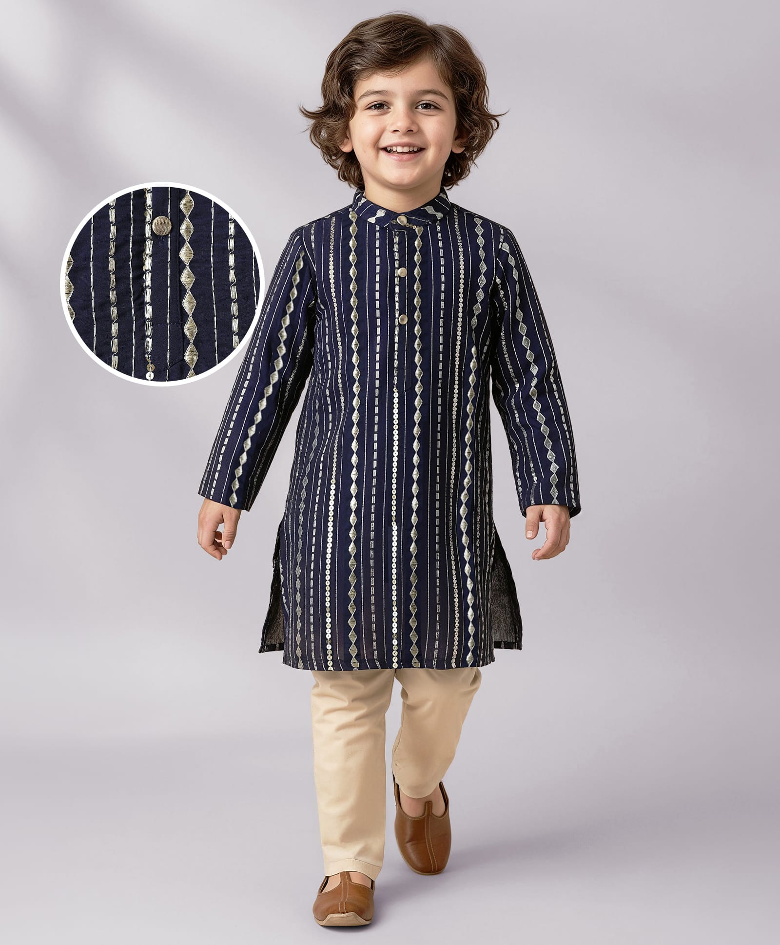 Babyhug Woven Mandarin Collar Full Sleeves Kurta Pyjama Set With Sequin Detailing - Navy Blue
