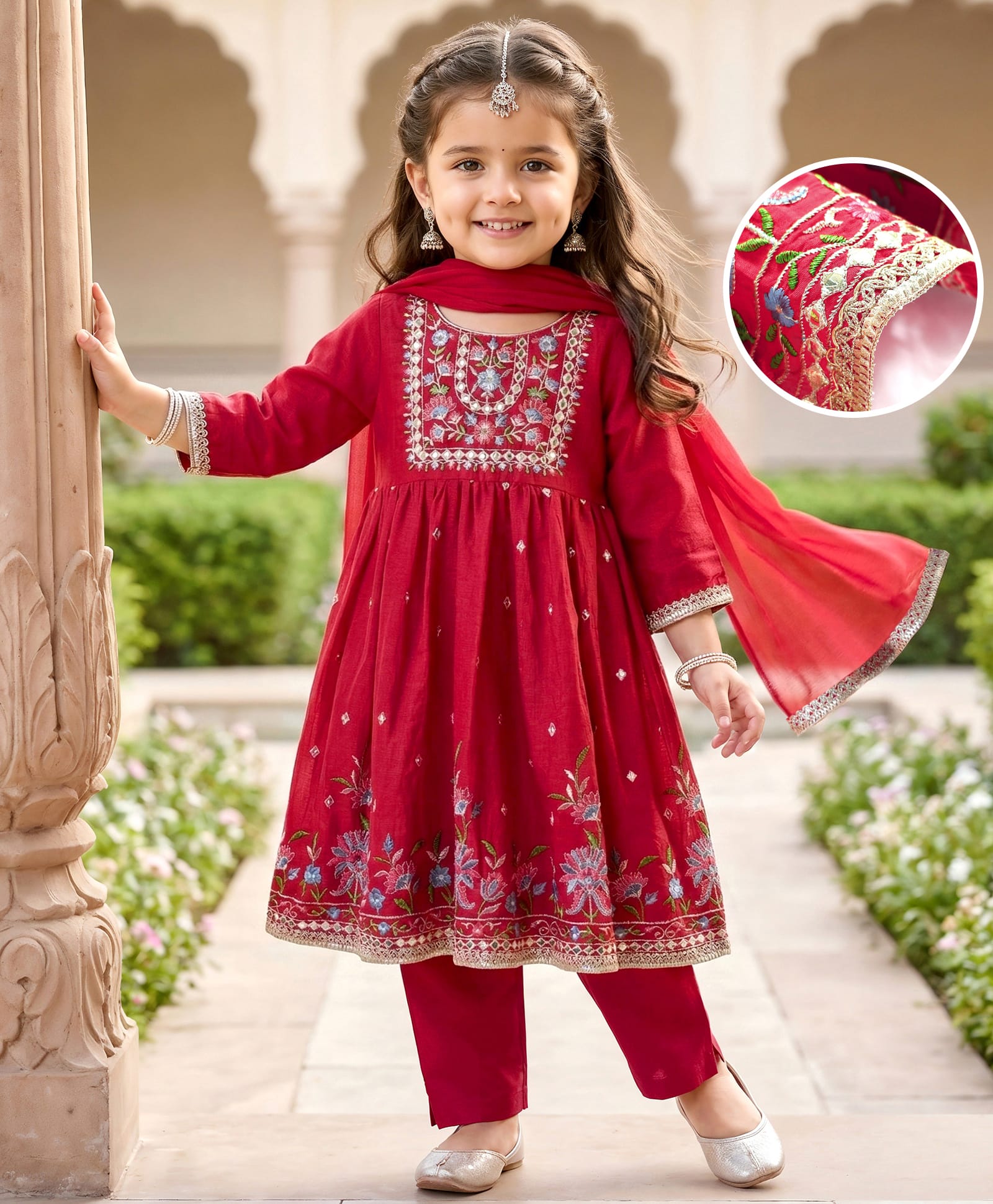 Babyhug Woven Three Fourth Sleeves Floral Embriodered Kurti Salwar & Dupatta Set - Red-image-32