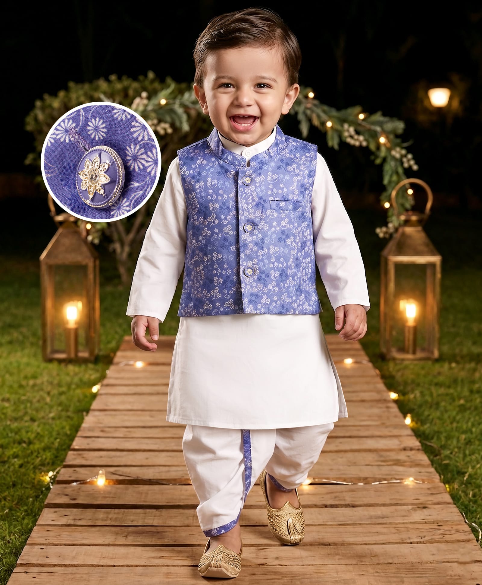 Babyhug Cambric Woven Full Sleeves Kurta Dhoti Set with Jacket & Floral Print - White-image-49