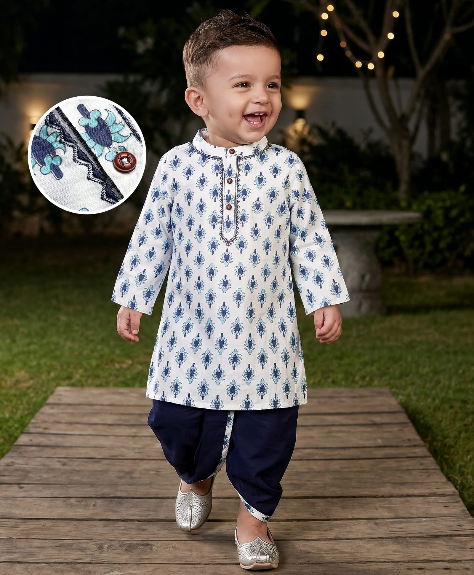Babyhug Cotton Woven Full Sleeves Kurta Dhoti Set With Floral Print - White & Navy Blue-image-14