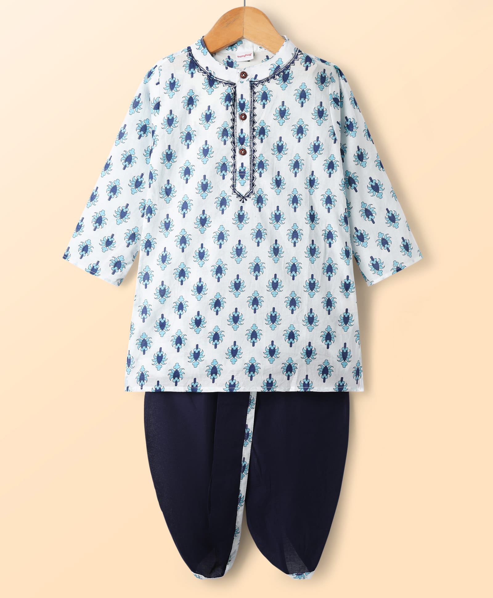Babyhug Cotton Woven Full Sleeves Kurta Dhoti Set With Floral Print - White & Navy Blue-picture-25