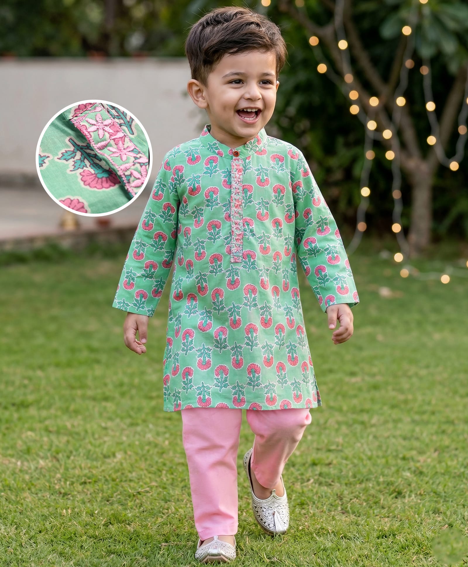Babyhug Cambric Woven Full Sleeves Kurta Pyjama Set with Floral Print - Light Green & Pink-picture-17