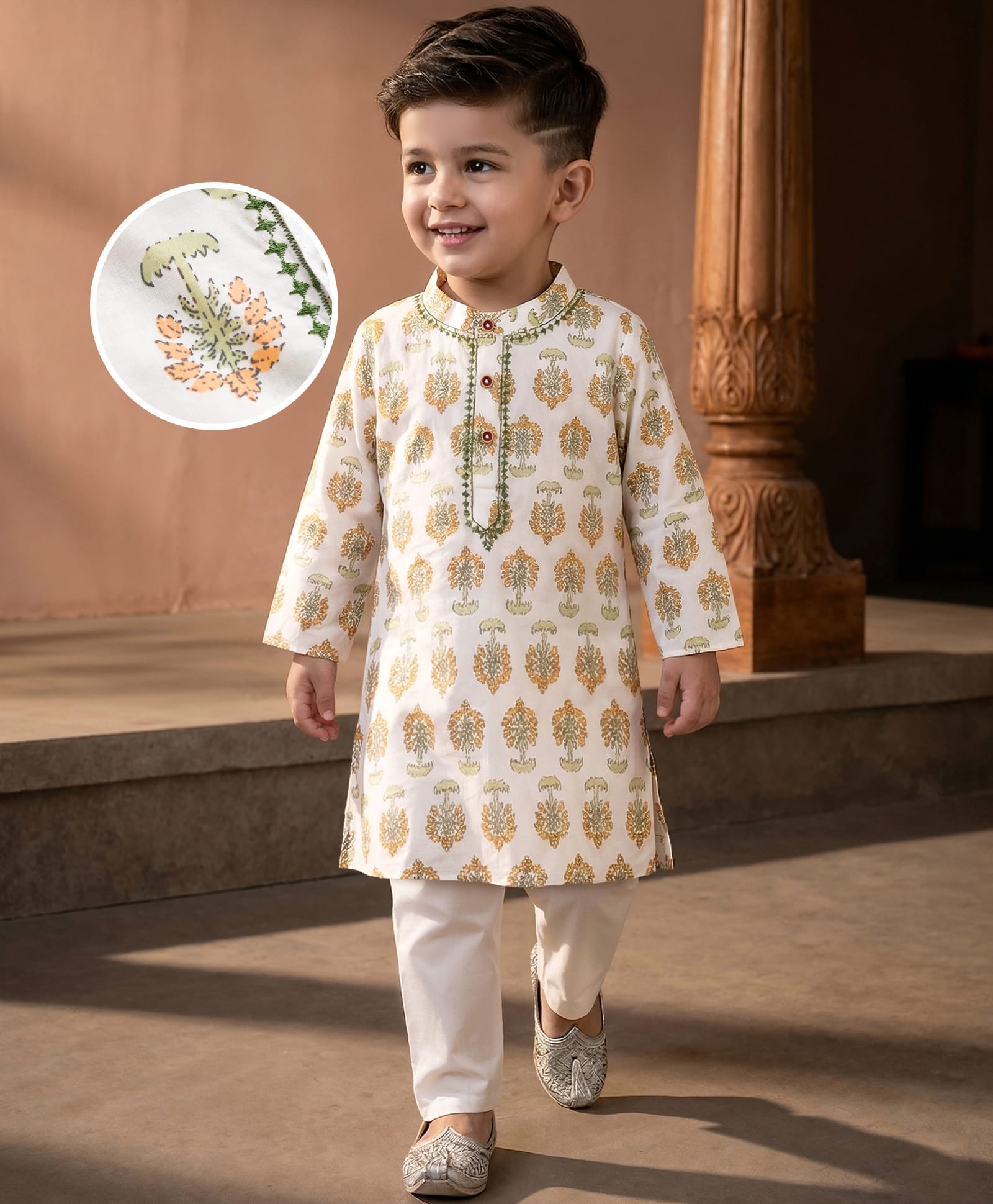 Babyhug Cotton Cambric Woven Full Sleeves Kurta Pyjama Set with Floral Print - White-picture-13
