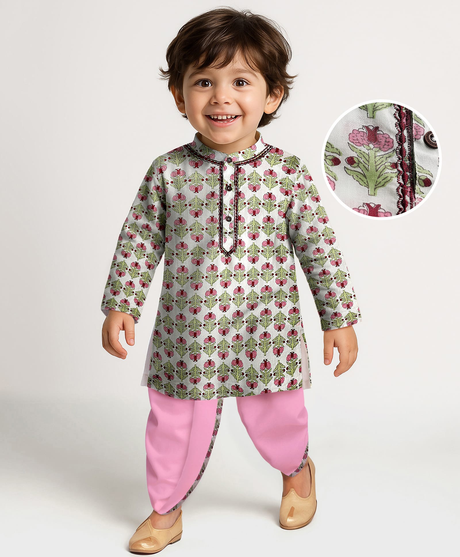 Babyhug Cotton Woven Full Sleeves Kurta Dhoti Set With Floral Print - White-image-29