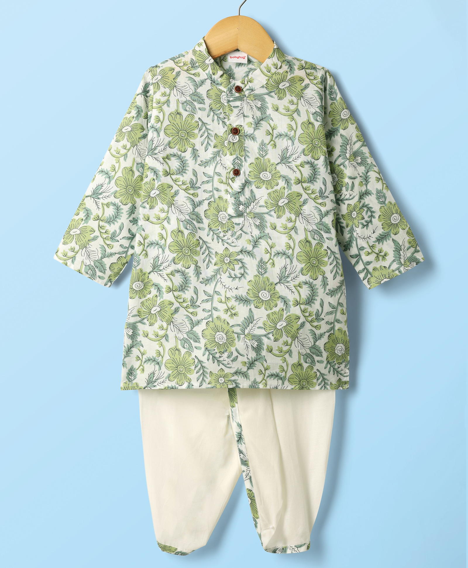 Babyhug Cambric Woven Full Sleeves Kurta Dhoti Set with Floral Print - Light Green & White-picture-15
