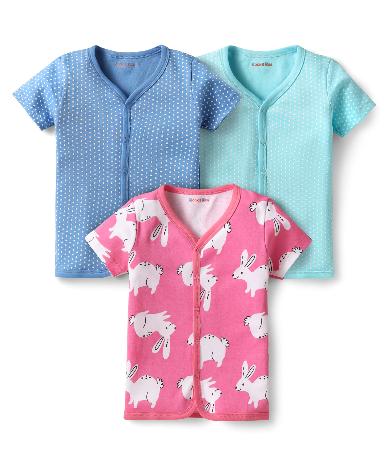 kookie kids india Kookie Kids Interlock Knit Half Sleeves Jhablas with Bunny & Polka Dot Print Pack of 3 - Pink & Light Blue-picture-12