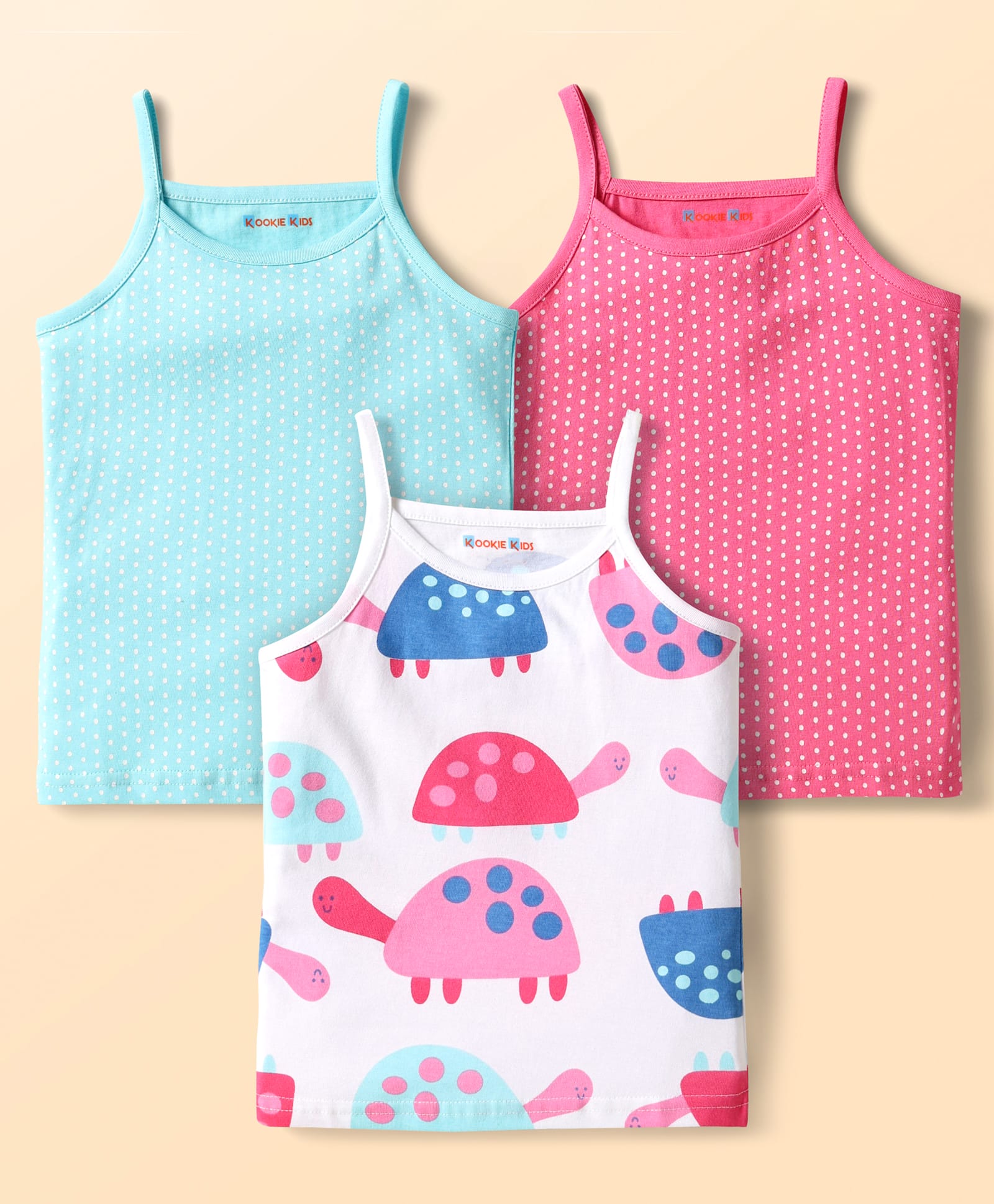 Kookie Kids Single Jersey Knit Sleeveless Slips With Polka Dots & Turtoise Print Pack of 3 - Dark Pink & Light Blue-image-38