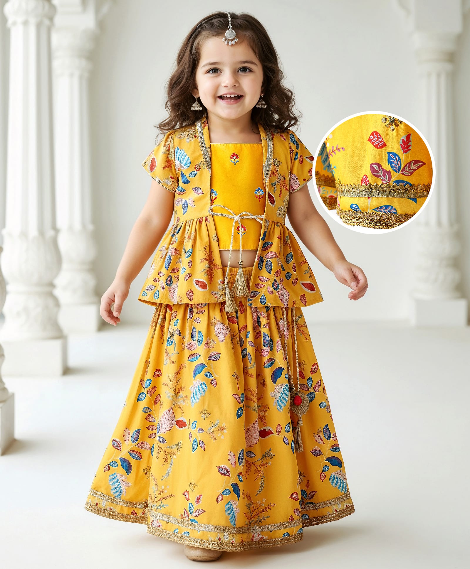 Babyhug Woven Embroidered Blouse with Lehenga and Half Sleeves Jacket Set with Floral Print - Yellow-image-40