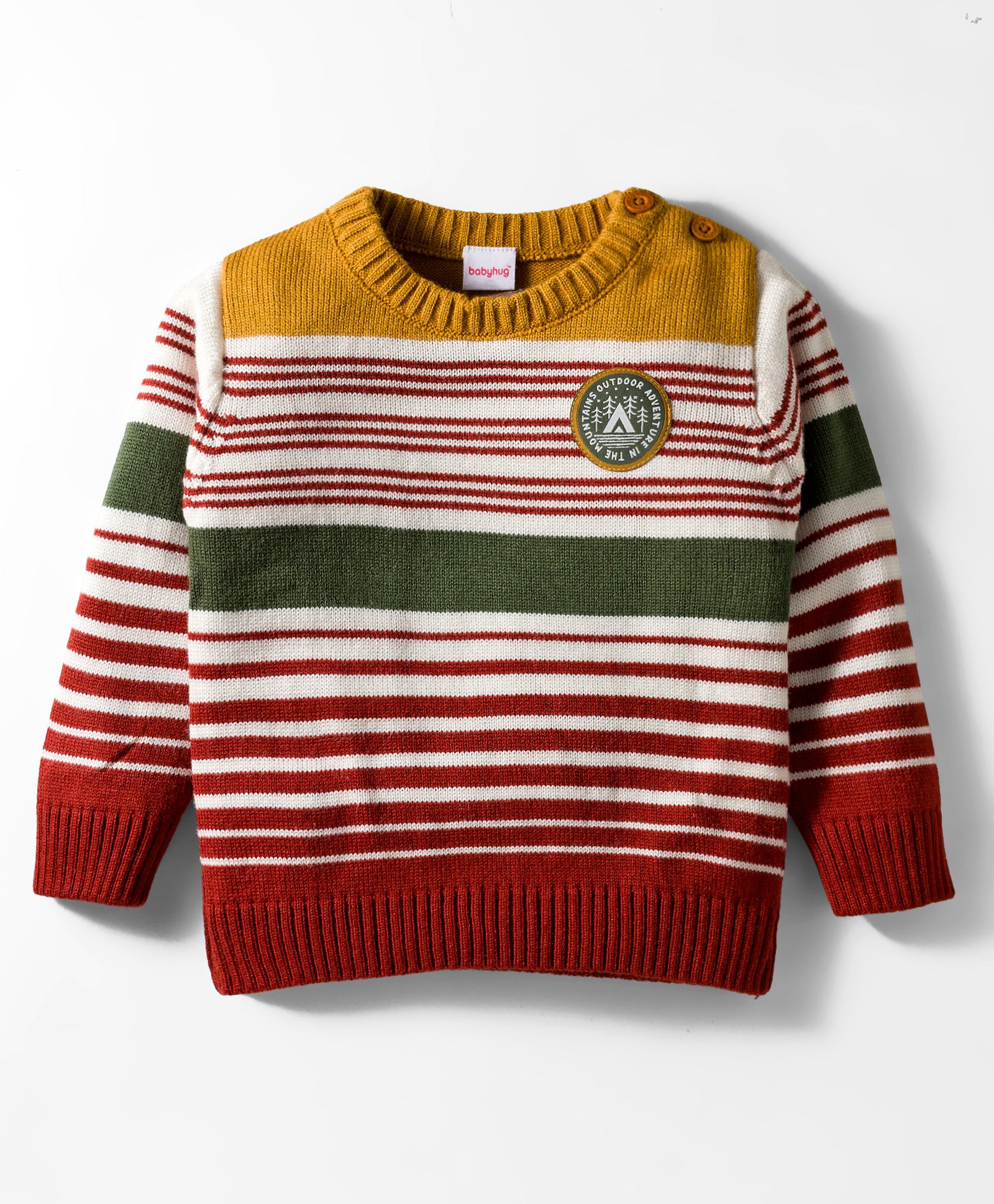 Babyhug Knitted Full Sleeves Striped Pullover Sweater With Patch Detailing - Multicolor-image-24