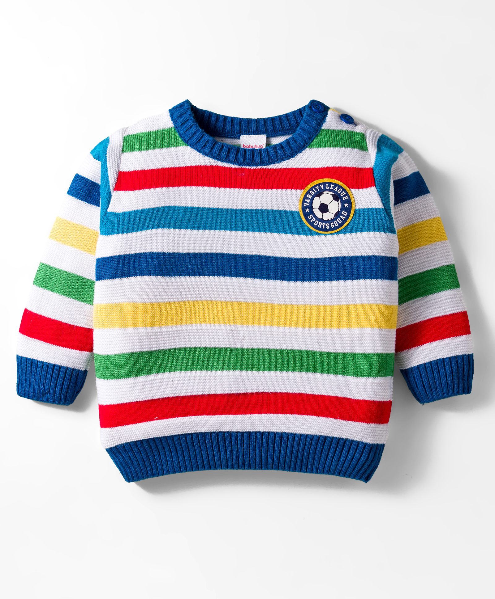 Babyhug Knitted Full Sleeves Striped Pullover Sweater With Football Patch - Multicolor
