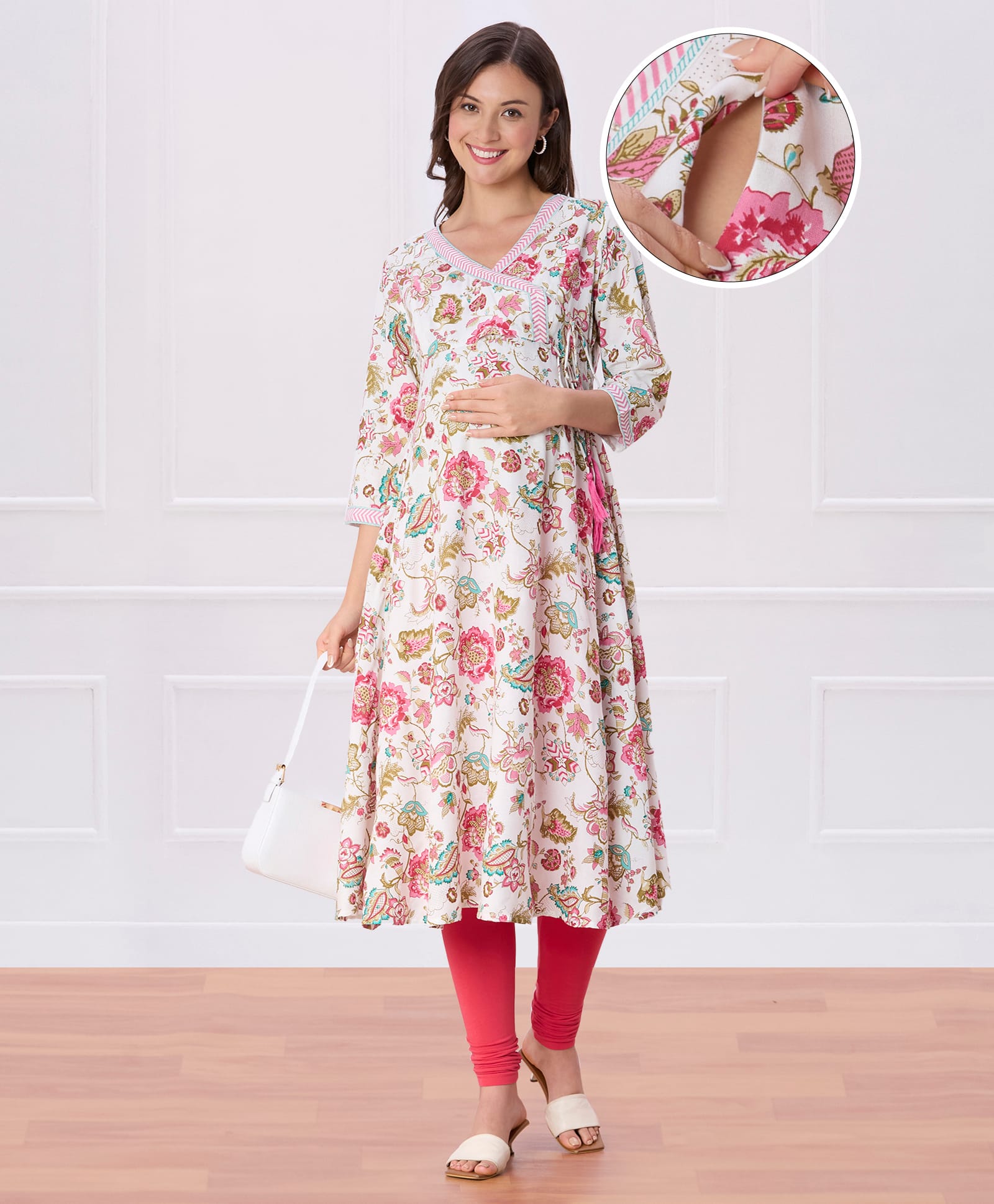 Bella Mama Woven Three Fourth Sleeves V Neck Maternity Kurta With Floral Print - White & Pink-image-7