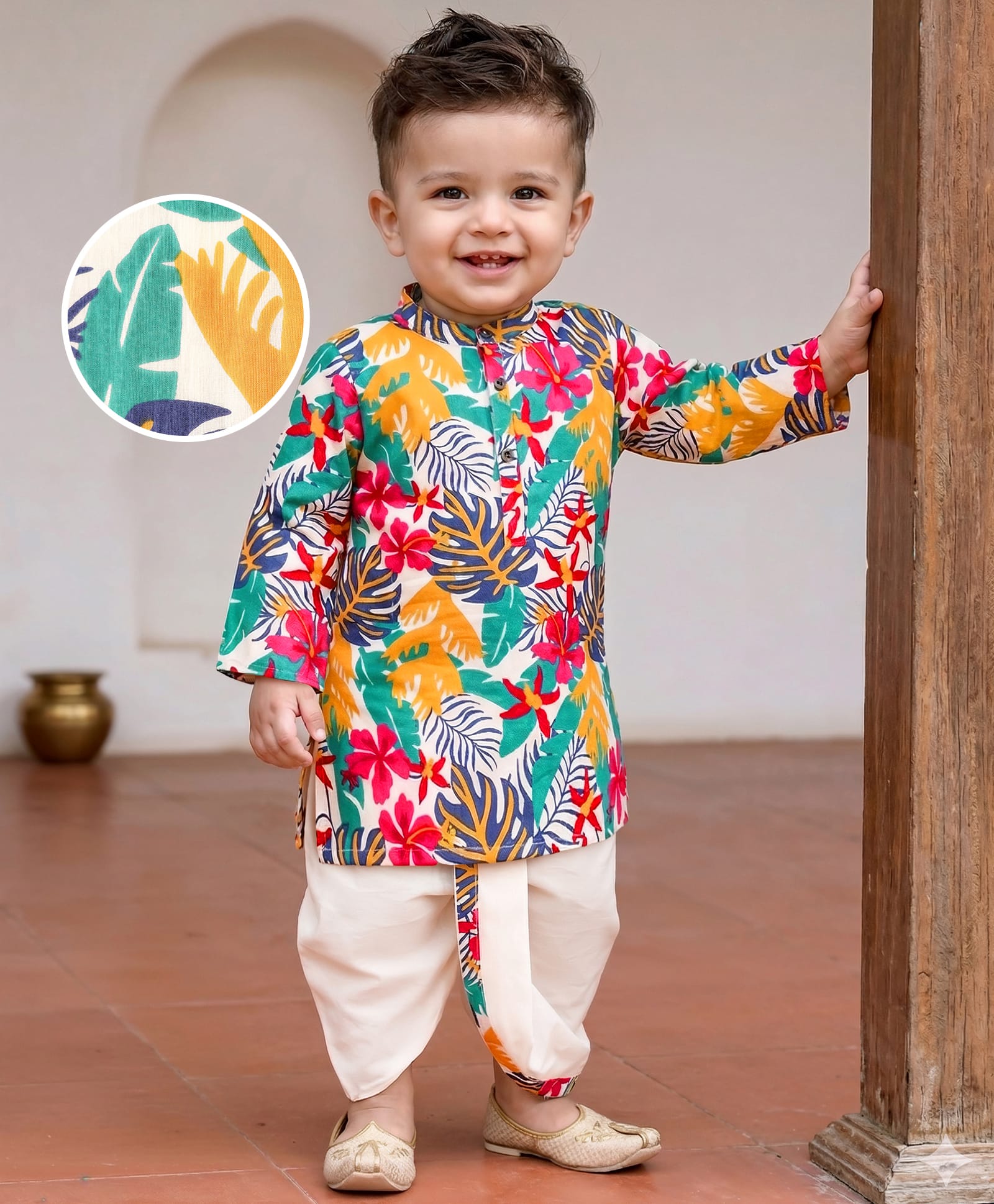 Babyhug Cotton Woven Full Sleeves Kurta Dhoti Set with Tropical Cabric Print - Multicolor-image-31