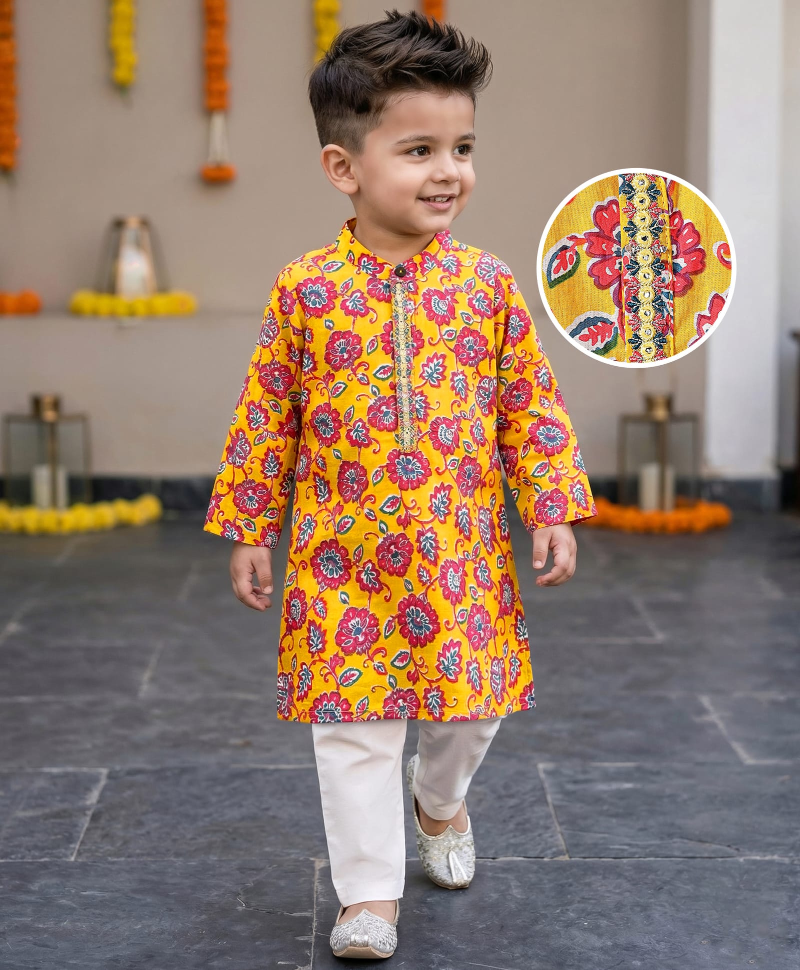 Babyhug Cotton Woven Mandarin Collar Full Sleeves Kurta Pajama Set With Floral Print - Yellow-picture-27
