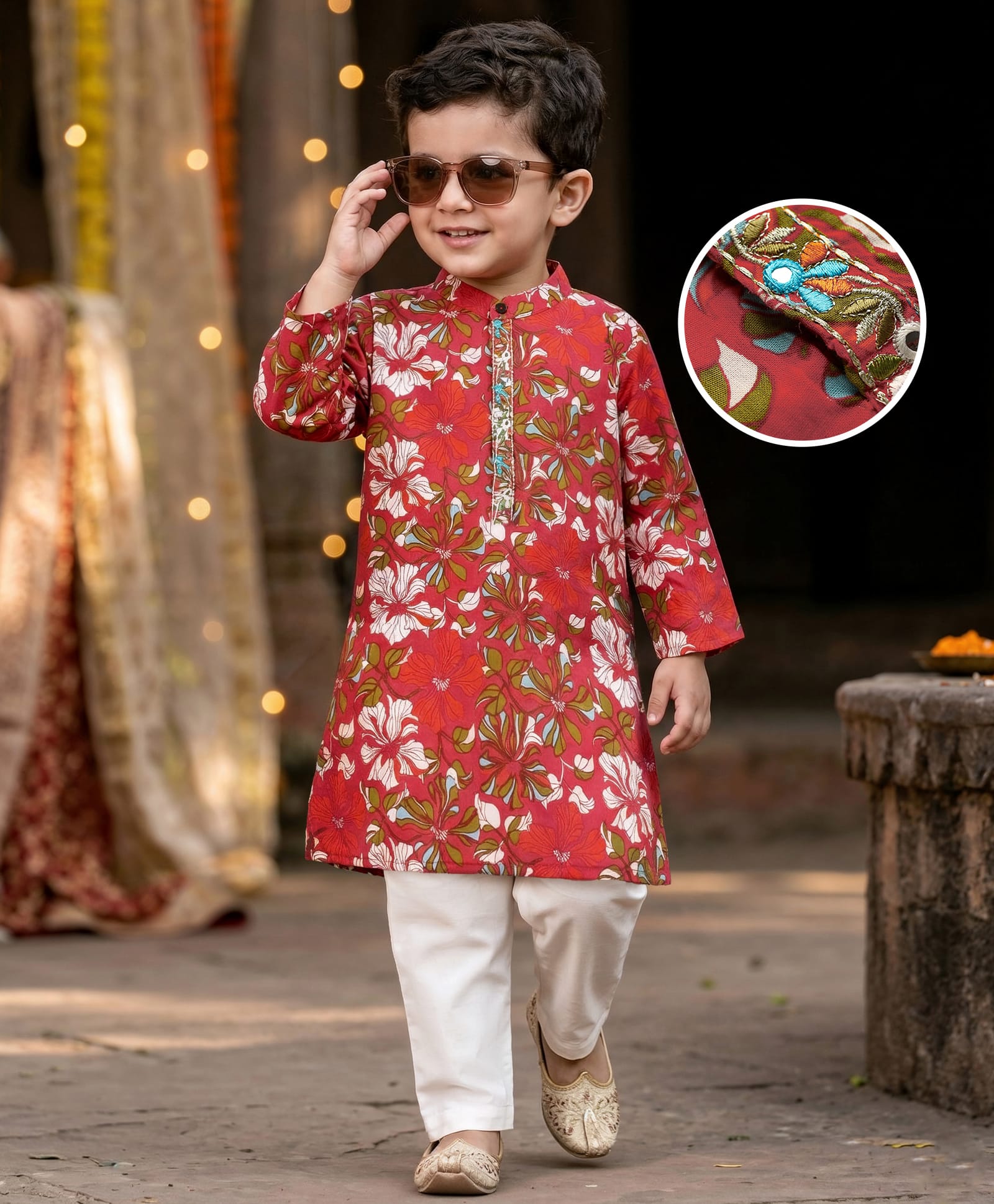 Babyhug Cotton Woven Full Sleeves Floral Cambric Printed Kurta Pajama Set - Orange & White-image-23