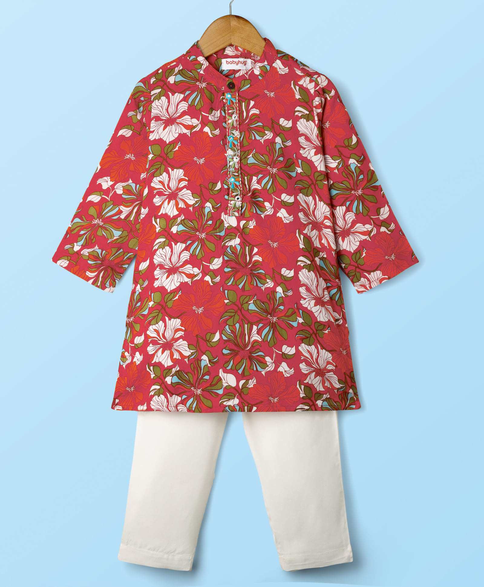 Babyhug Cotton Woven Full Sleeves Floral Cambric Printed Kurta Pajama Set - Orange & White-picture-38