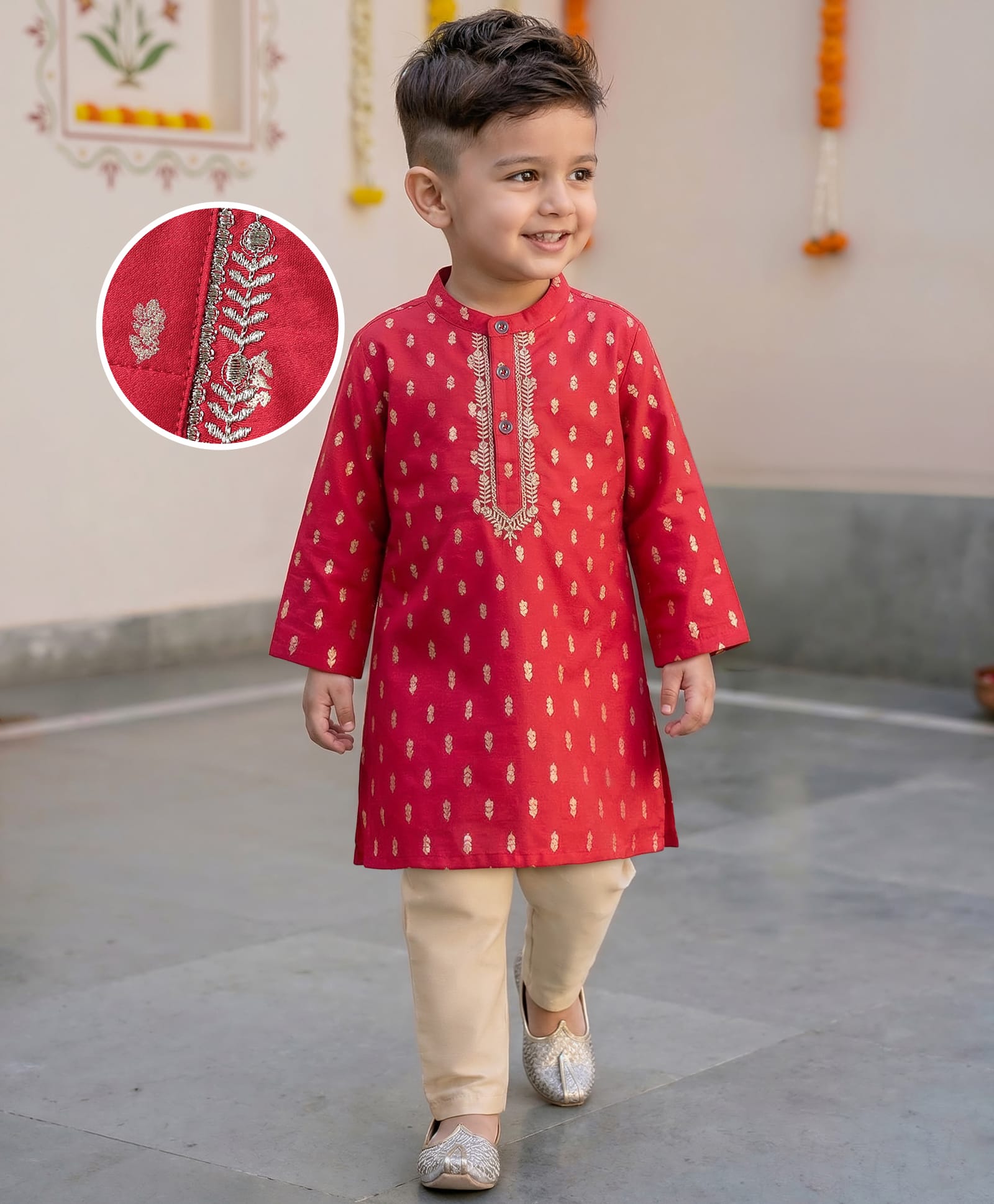 Babyhug Woven Mandarin Collar Full Sleeves Kurta Pyjama Set With Foil Print - Red-picture-11