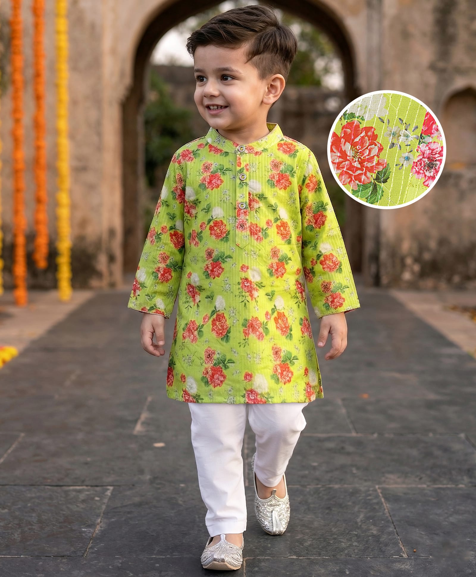 Babyhug Woven Mandarin Collar Full Length Kurta Pajama Set With Floral Print - Green-picture-26