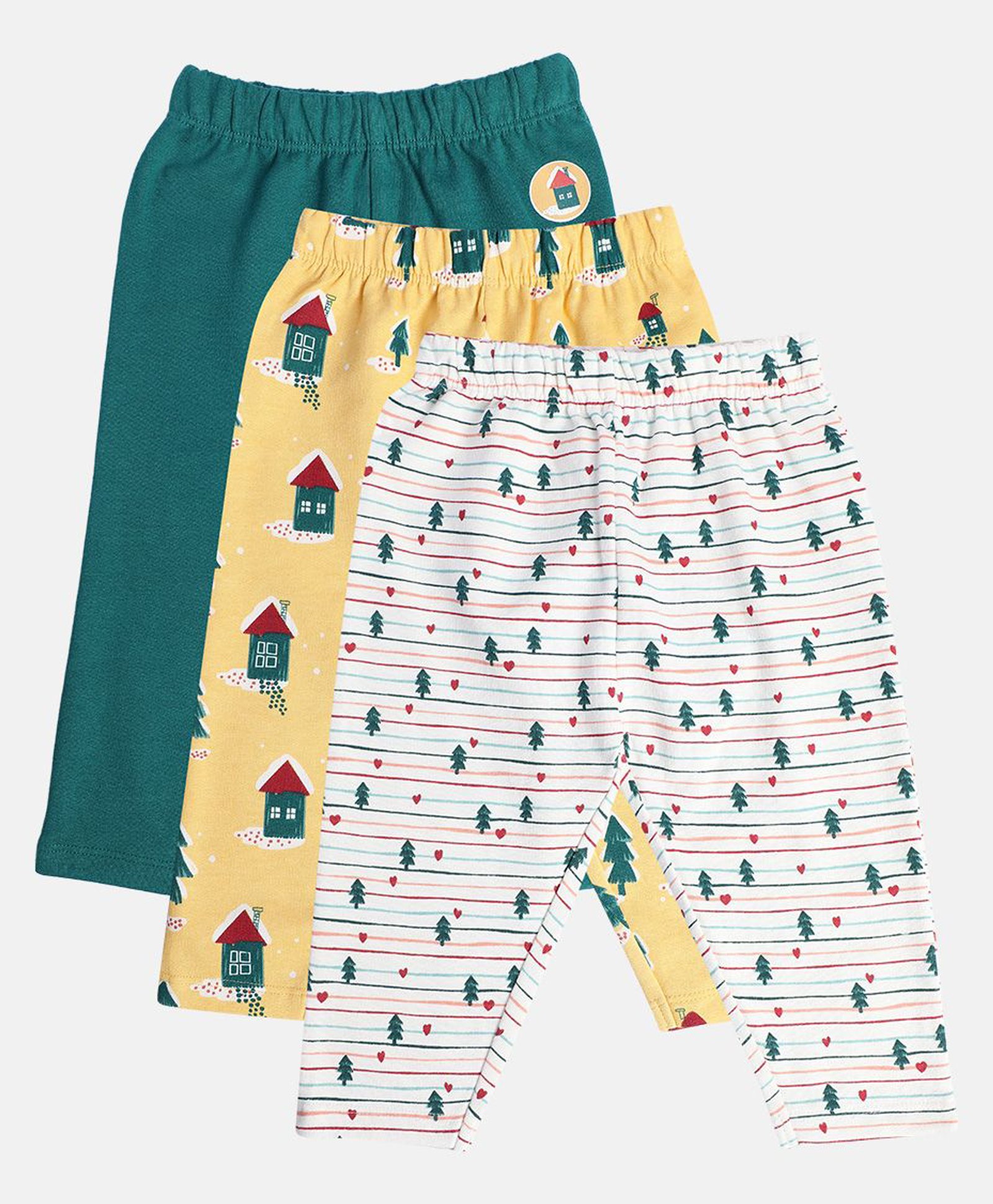 MINI KLUB Cotton Pack Of 3 Striped & Houses Printed Pants - Yellow & White-picture-25