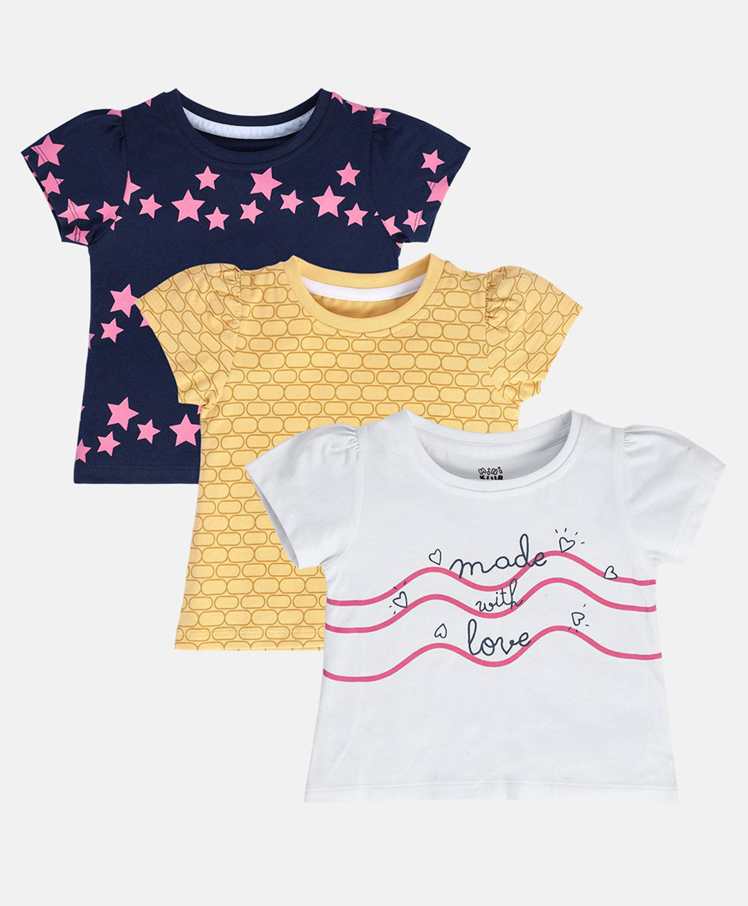 MINI KLUB Cotton Pack Of 3 Half Puffed Sleeves Star & Made With Love Text Printed Knit Tops - Navy Blue Yellow & White-picture-18