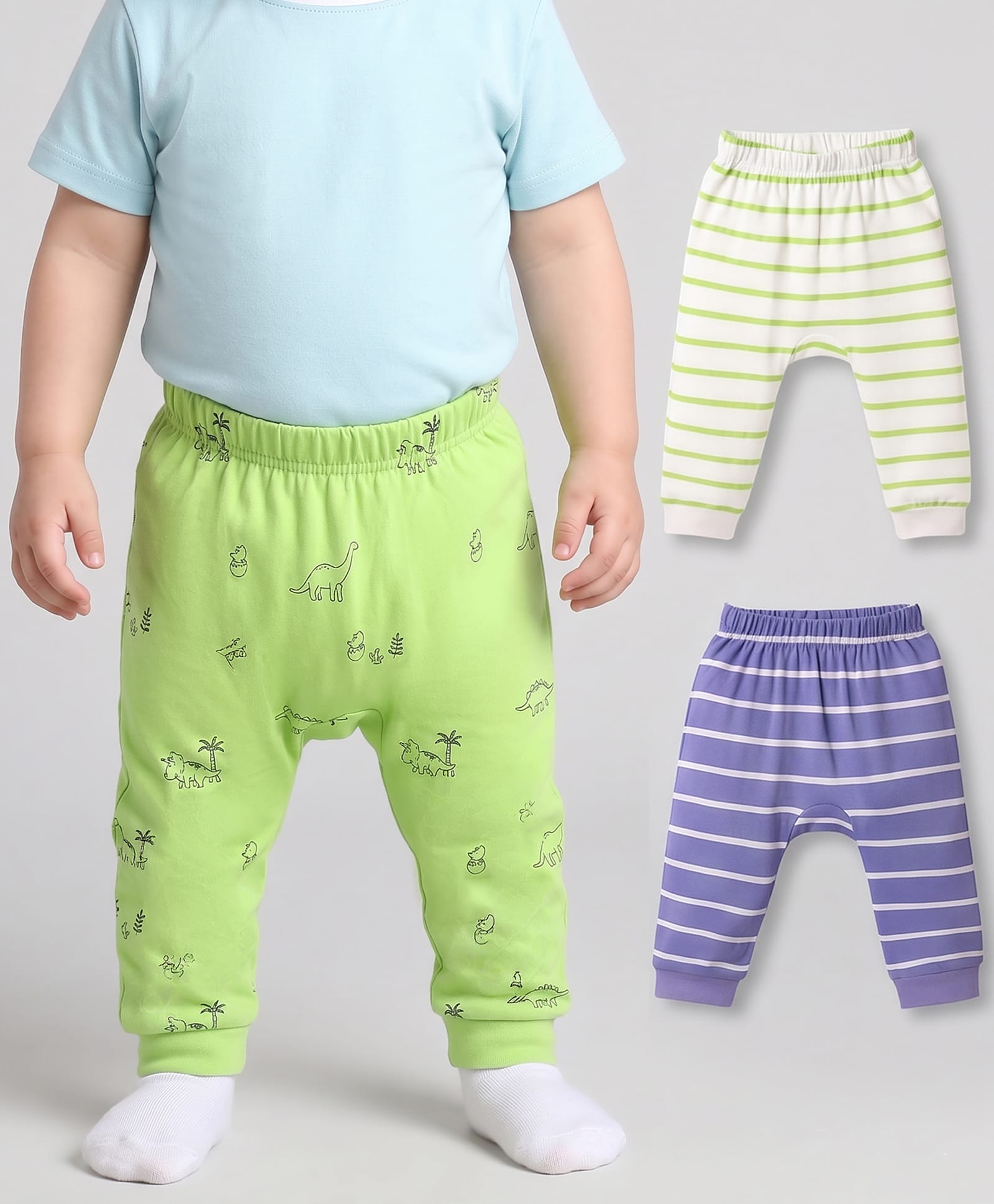 Kookie Kids Interlock Knit Full Length Striped & Dino Printed Diaper Leggings Pack of 3 - White Green & Purple-image-30