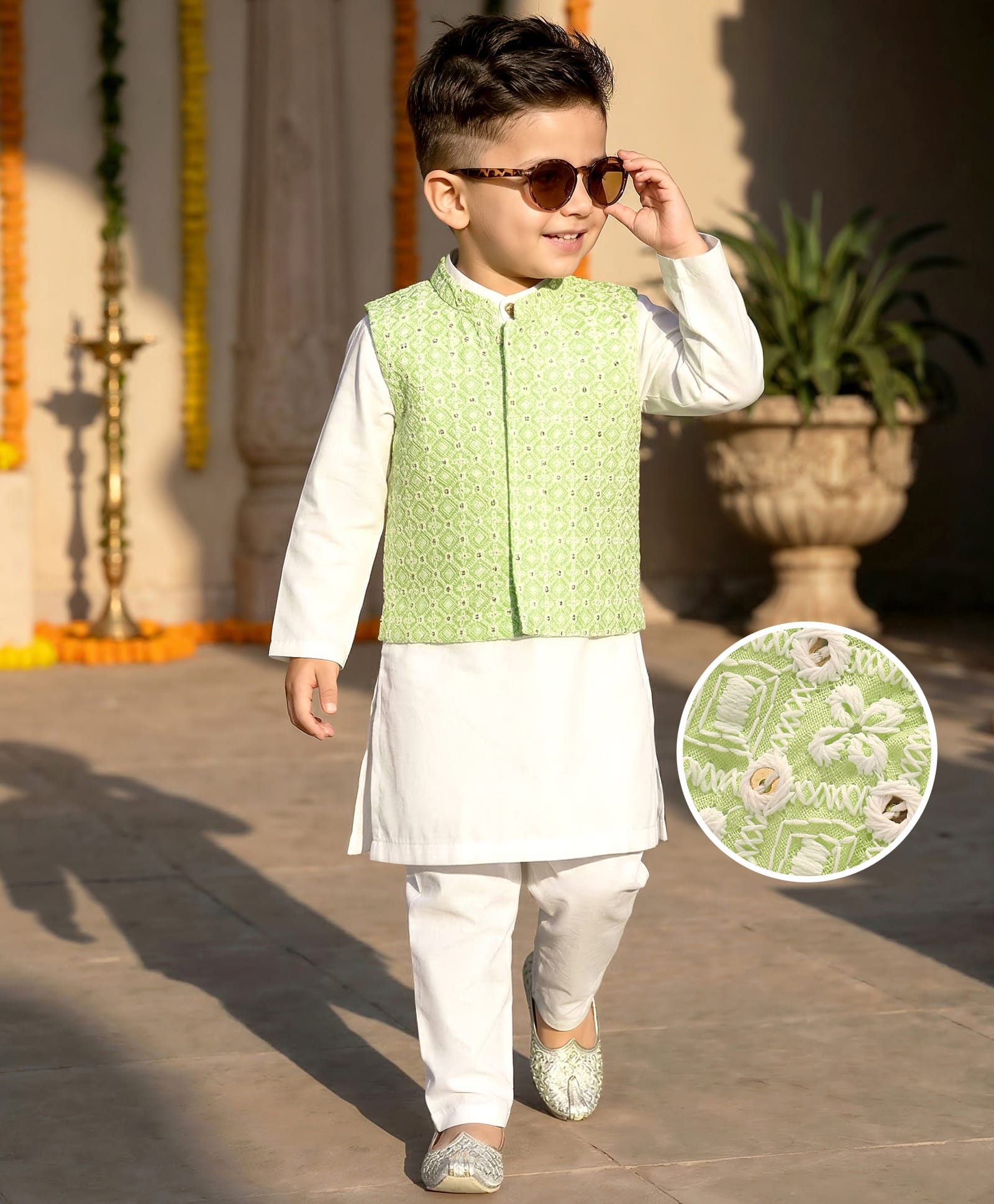 Babyhug Full Sleeves Kurta Pajama Set with Embroidered Jacket - Light Green & White-image-24