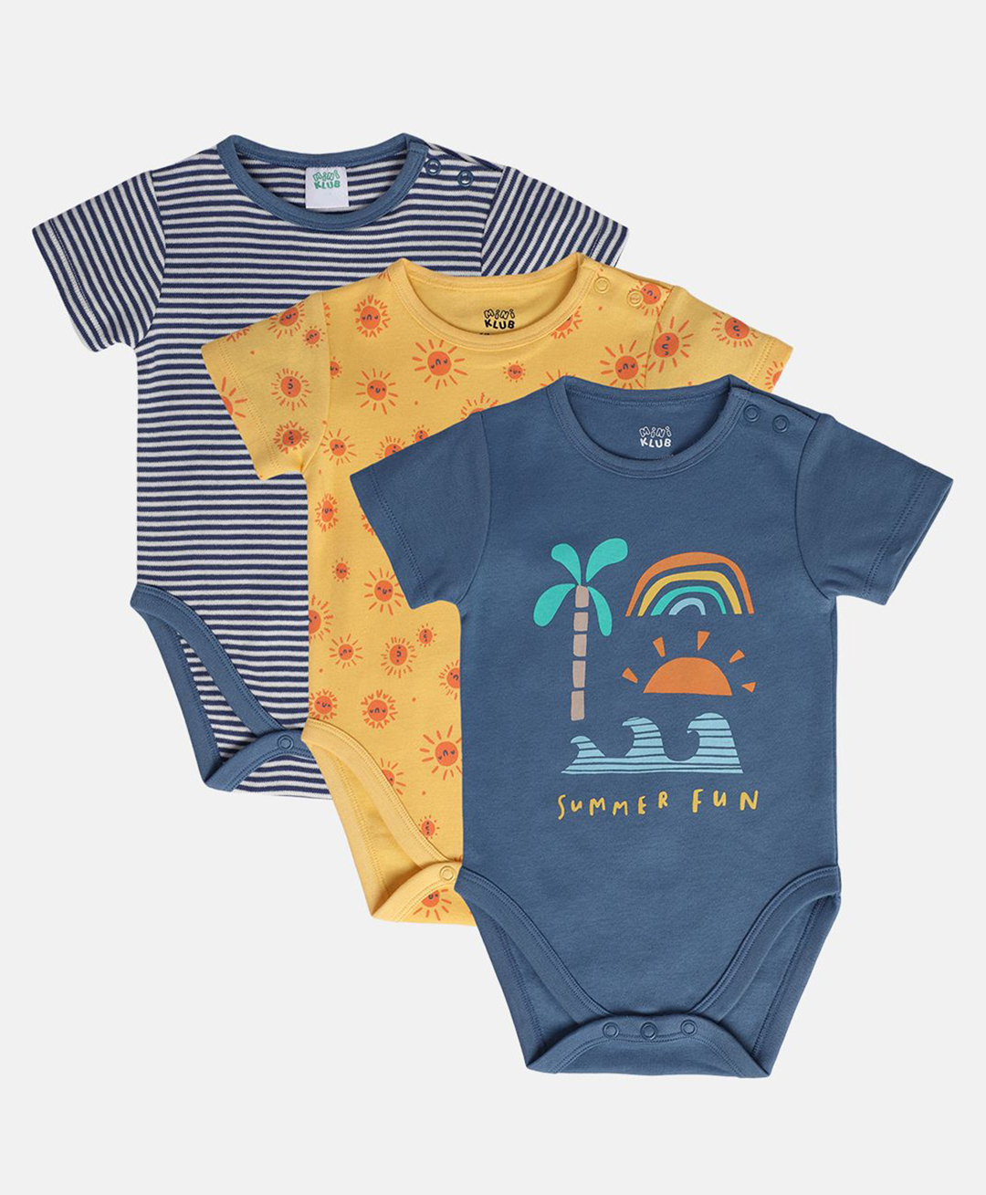 MINI KLUB Cotton Pack Of 3 Half Sleeves Striped & Sun Printed Onesies - Yellow & Blue-image-7