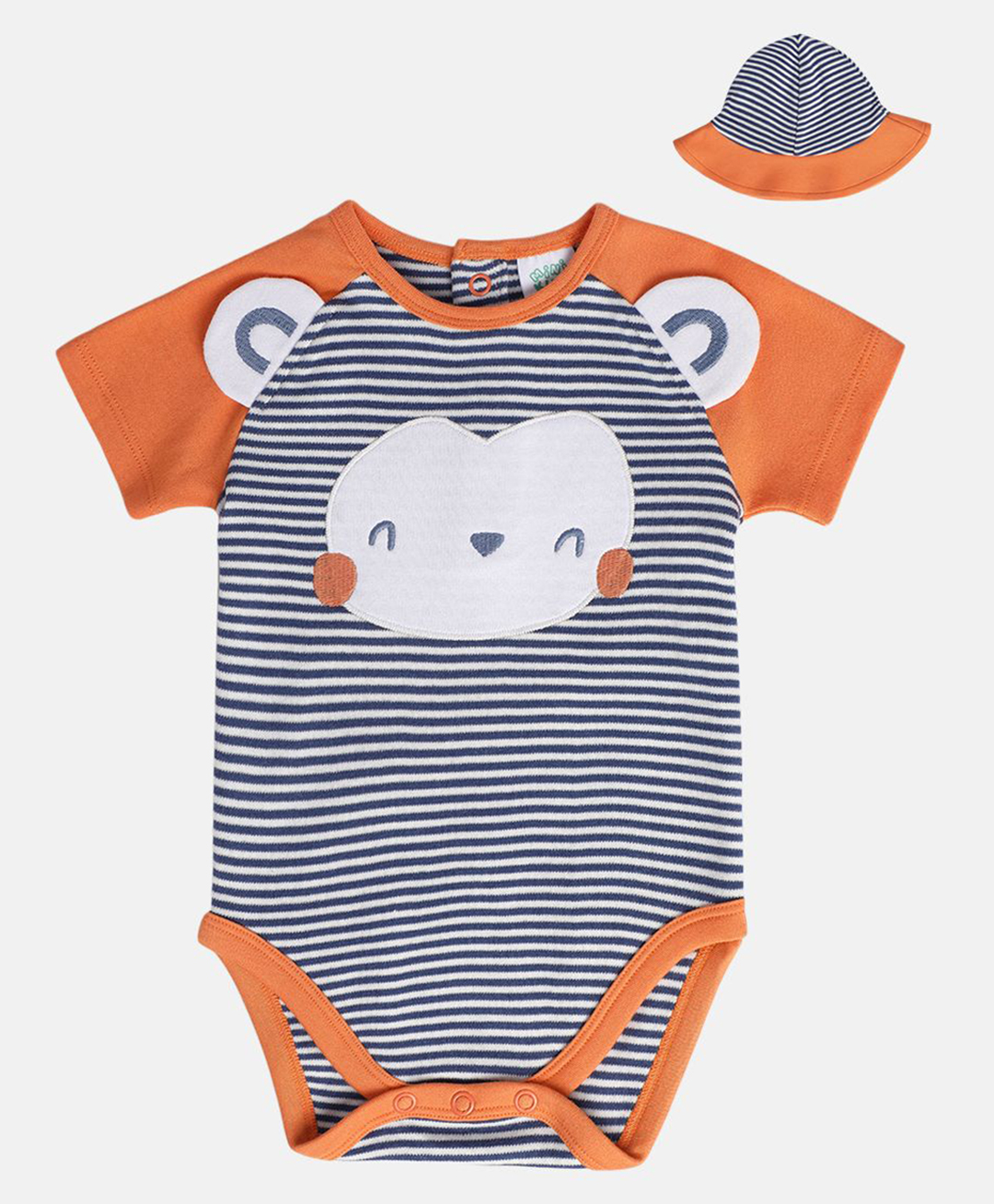 MINI KLUB Cotton Half Raglan Sleeves Striped & Baby Animal Embroidered Onesie With Cap - Blue-picture-36