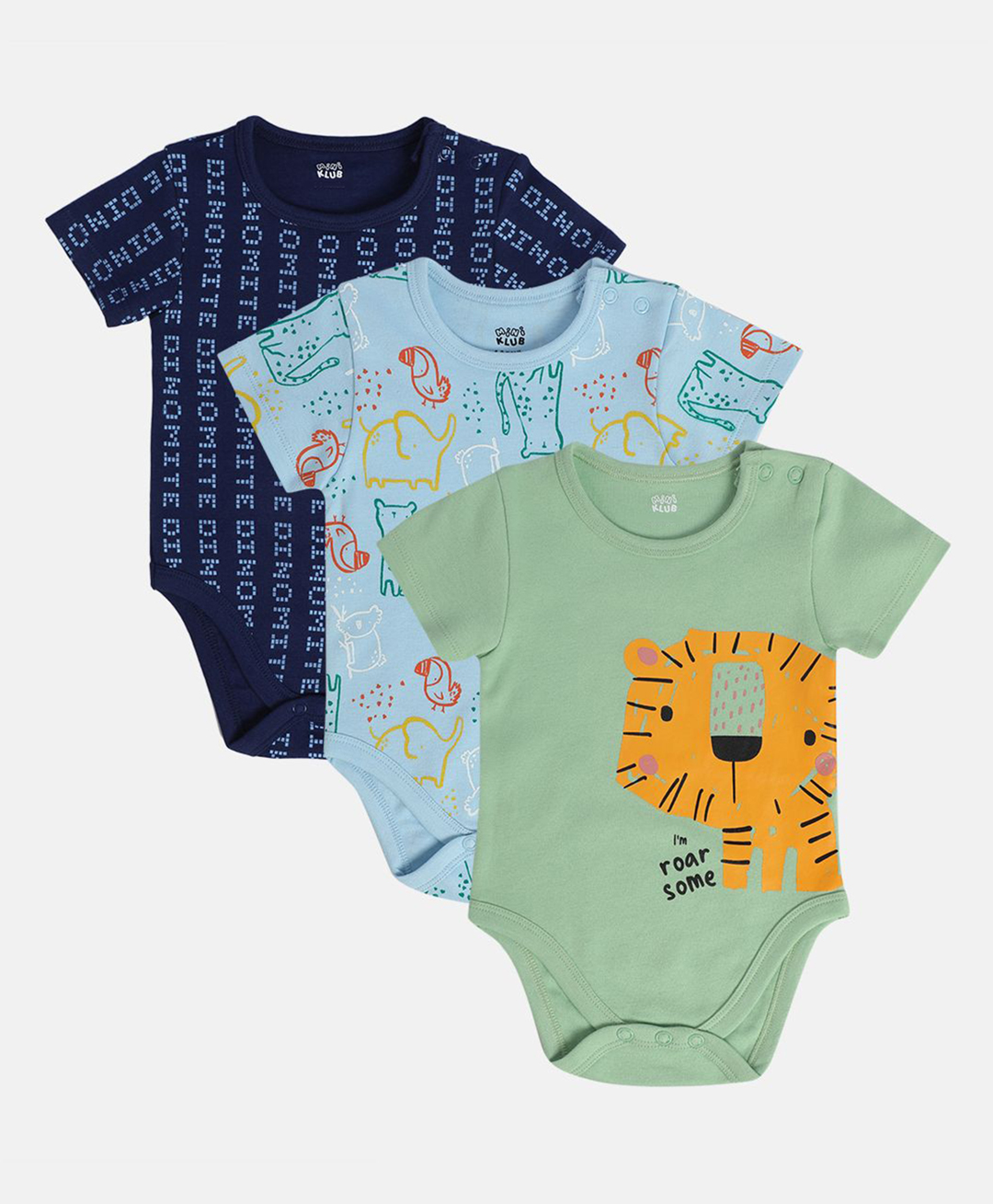 MINI KLUB Cotton Pack Of 3 Half Sleeves Dinomite Text & Baby Animals Printed Onesies - Navy Blue Green & Blue-image-40